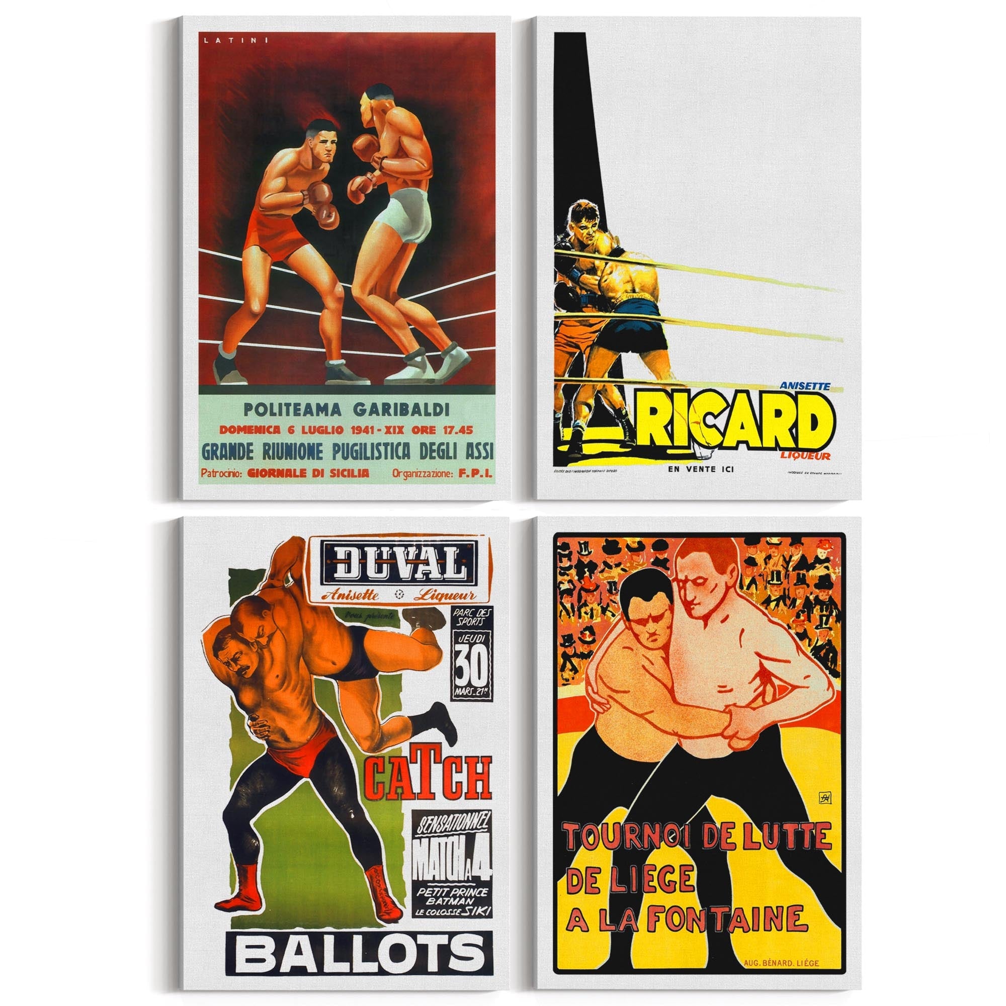 Set of 4 Vintage Boxing and Wrestling Sport Advertisements Wall Art - The Affordable Art Company