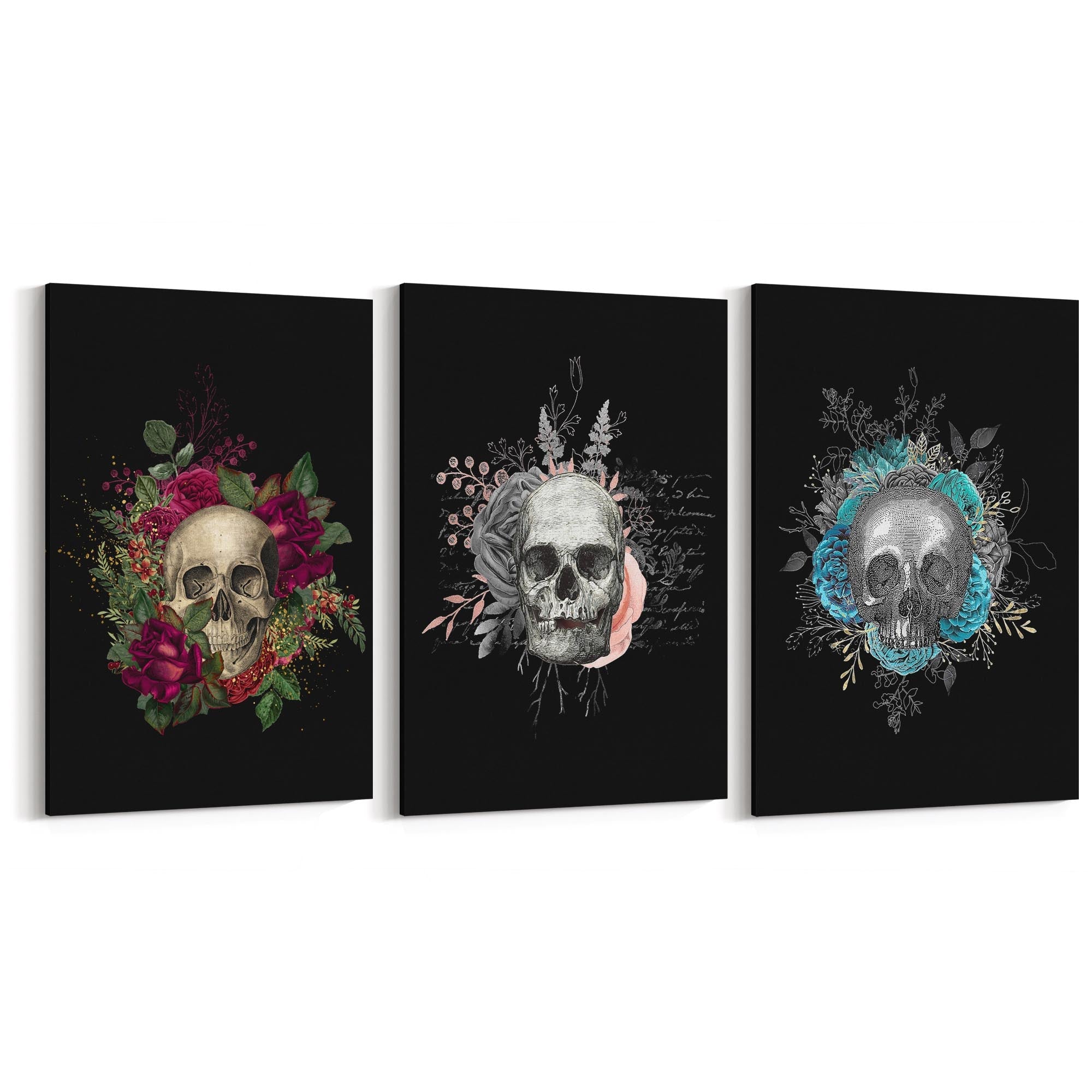 Set of Dark Floral Skull Fashion & Flowers Wall Art - The Affordable Art Company