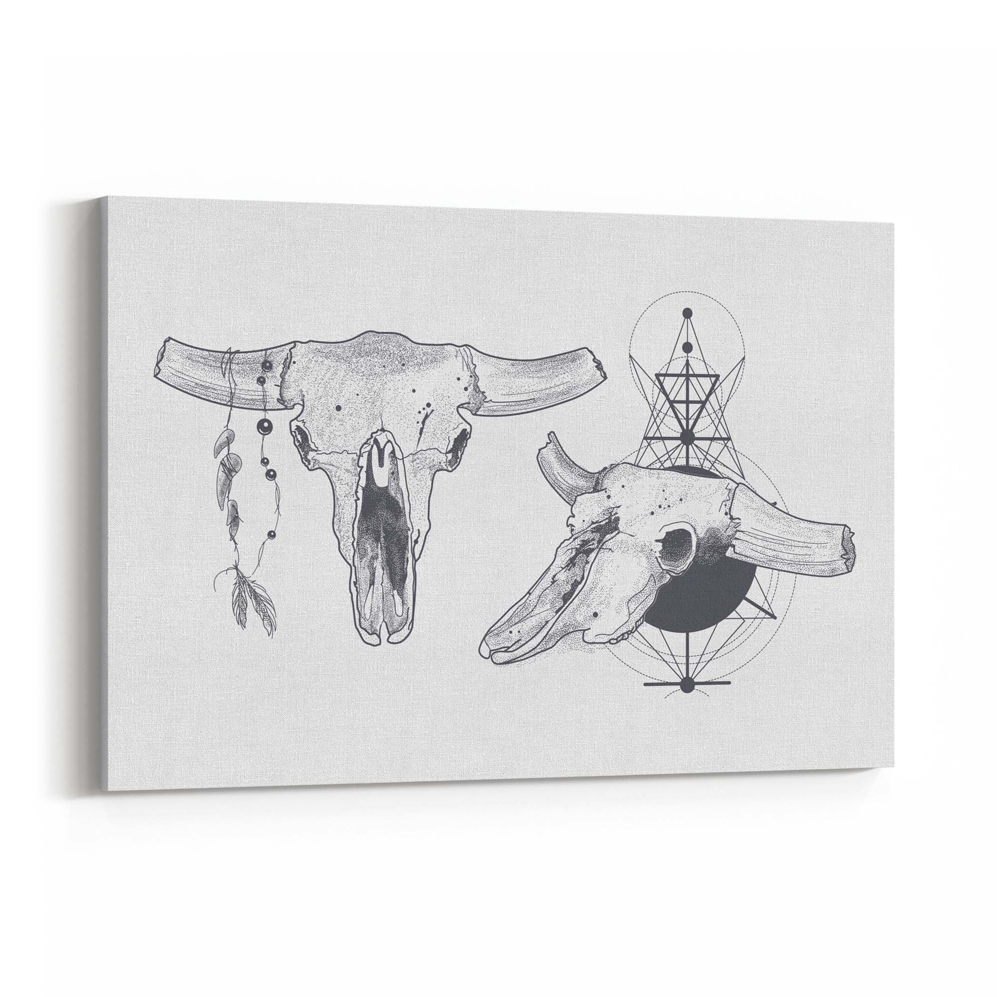 Tribal Cow Skull Drawing Boho Style Wall Art #1 - The Affordable Art Company