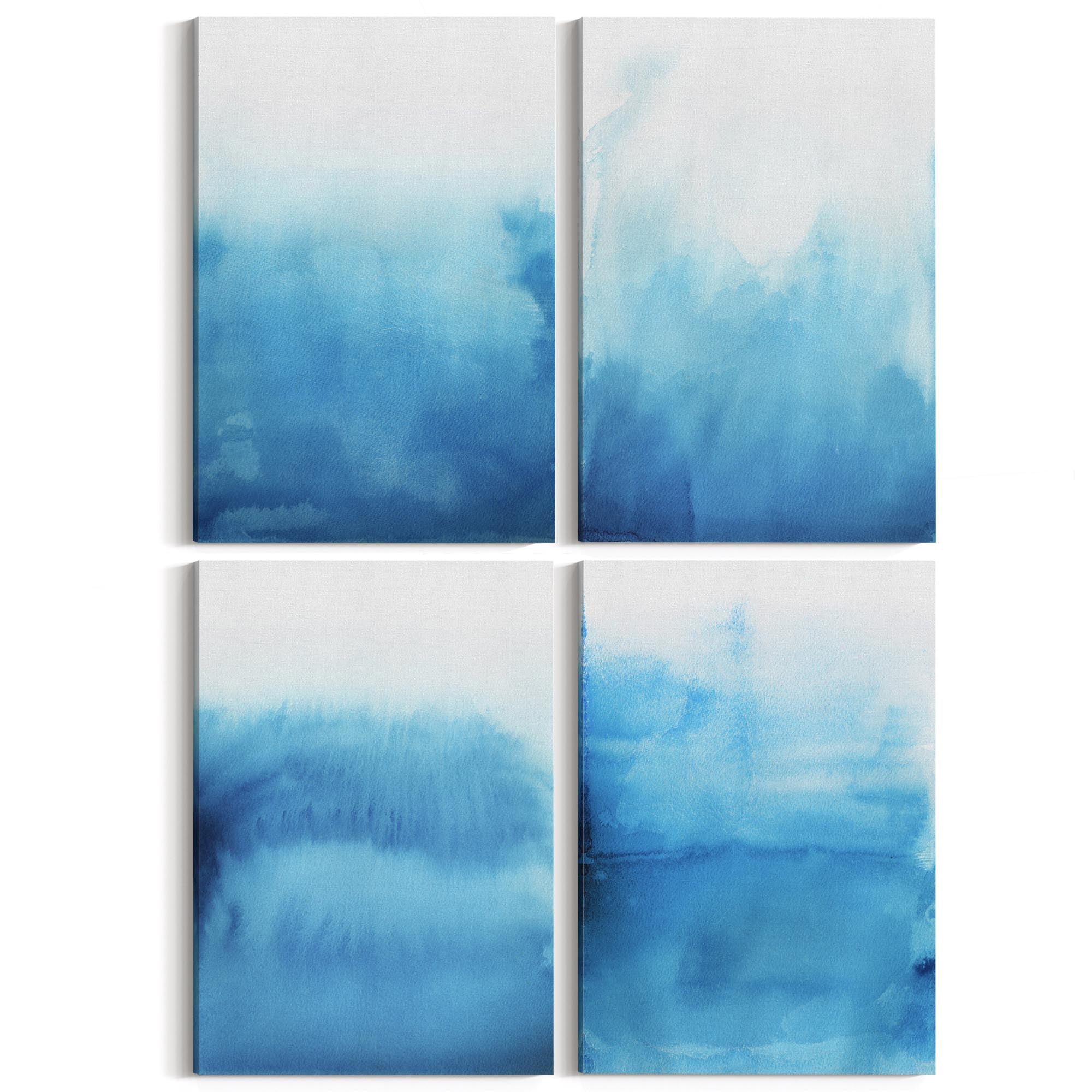 Set of 4 Abstract Blue Ink Wash Minimal Wall Art - The Affordable Art Company
