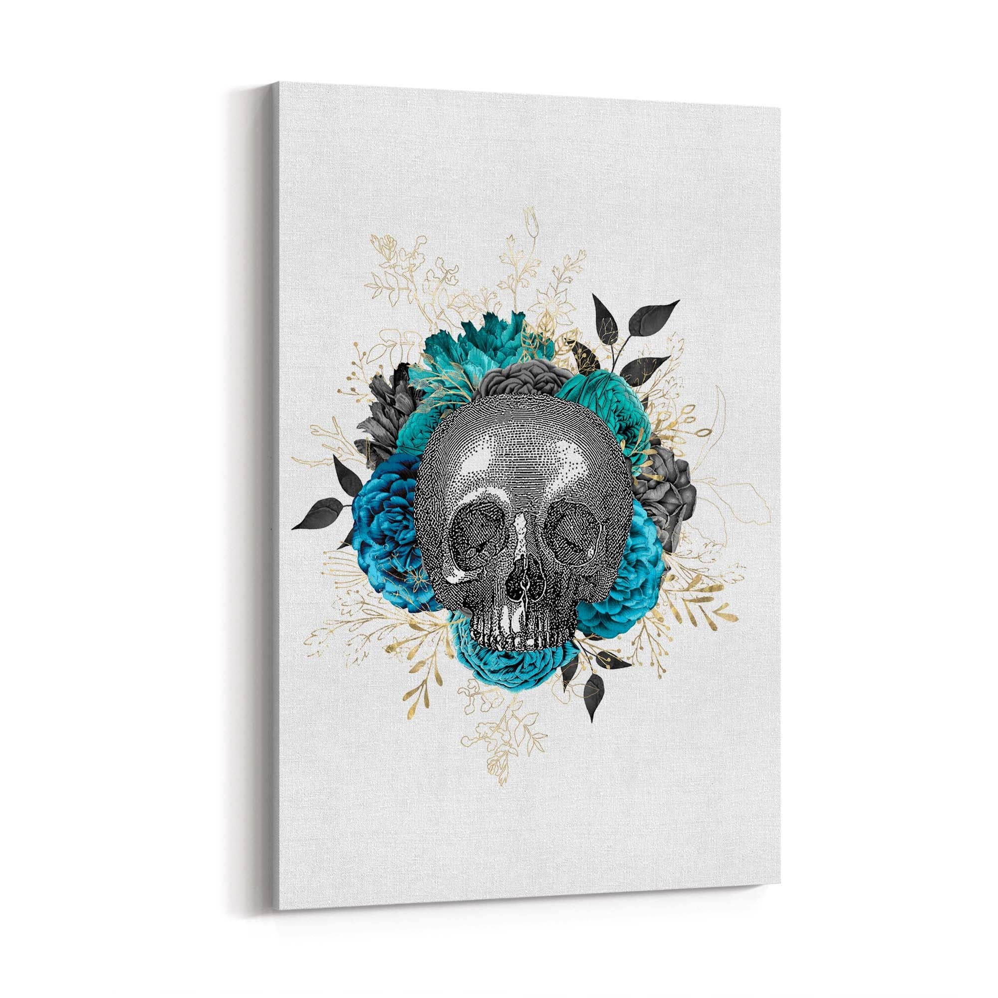 Teal Floral Skull Gothic Bedroom Wall Art - The Affordable Art Company