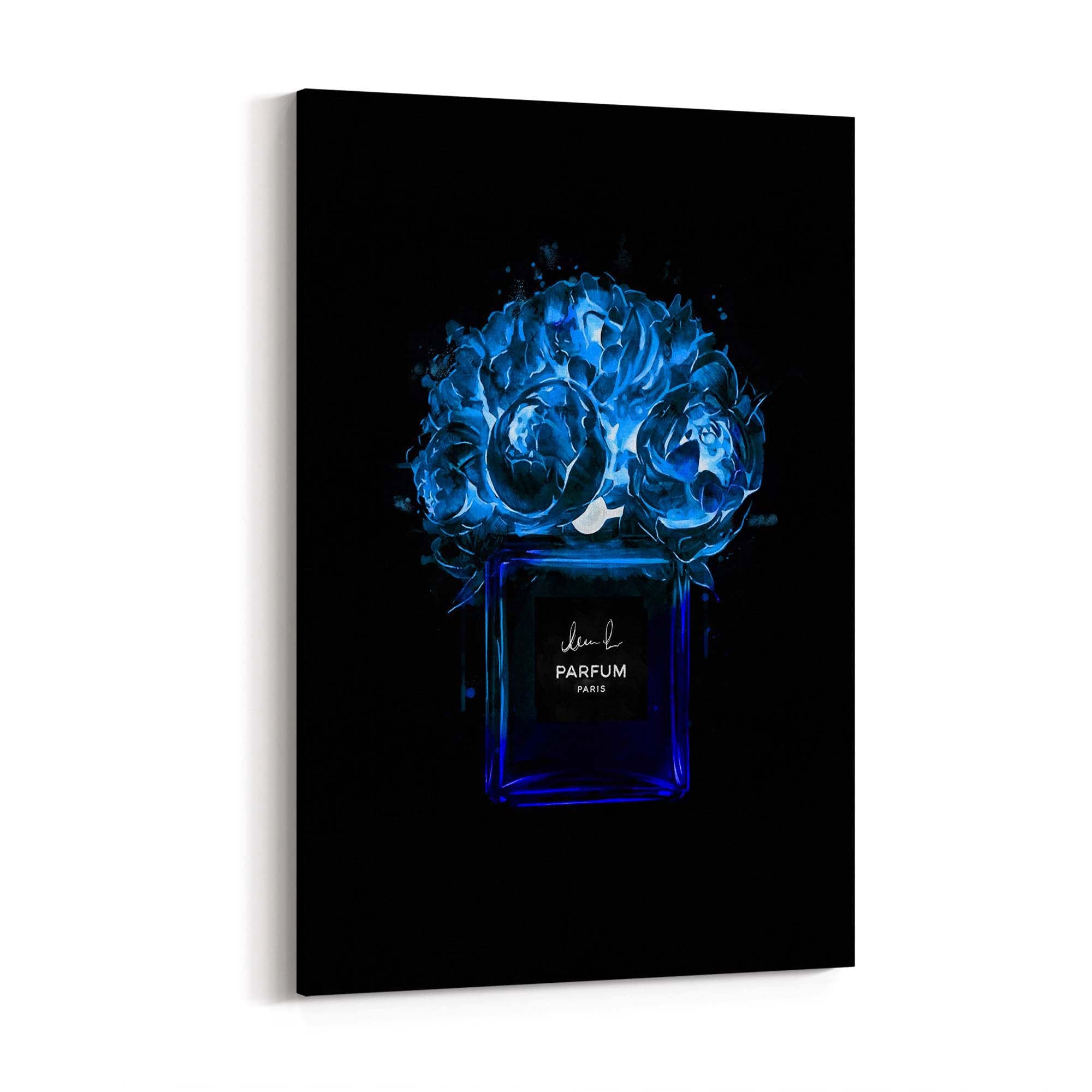 Neon Blue Floral Perfume Bottle Fashion Wall Art - The Affordable Art Company