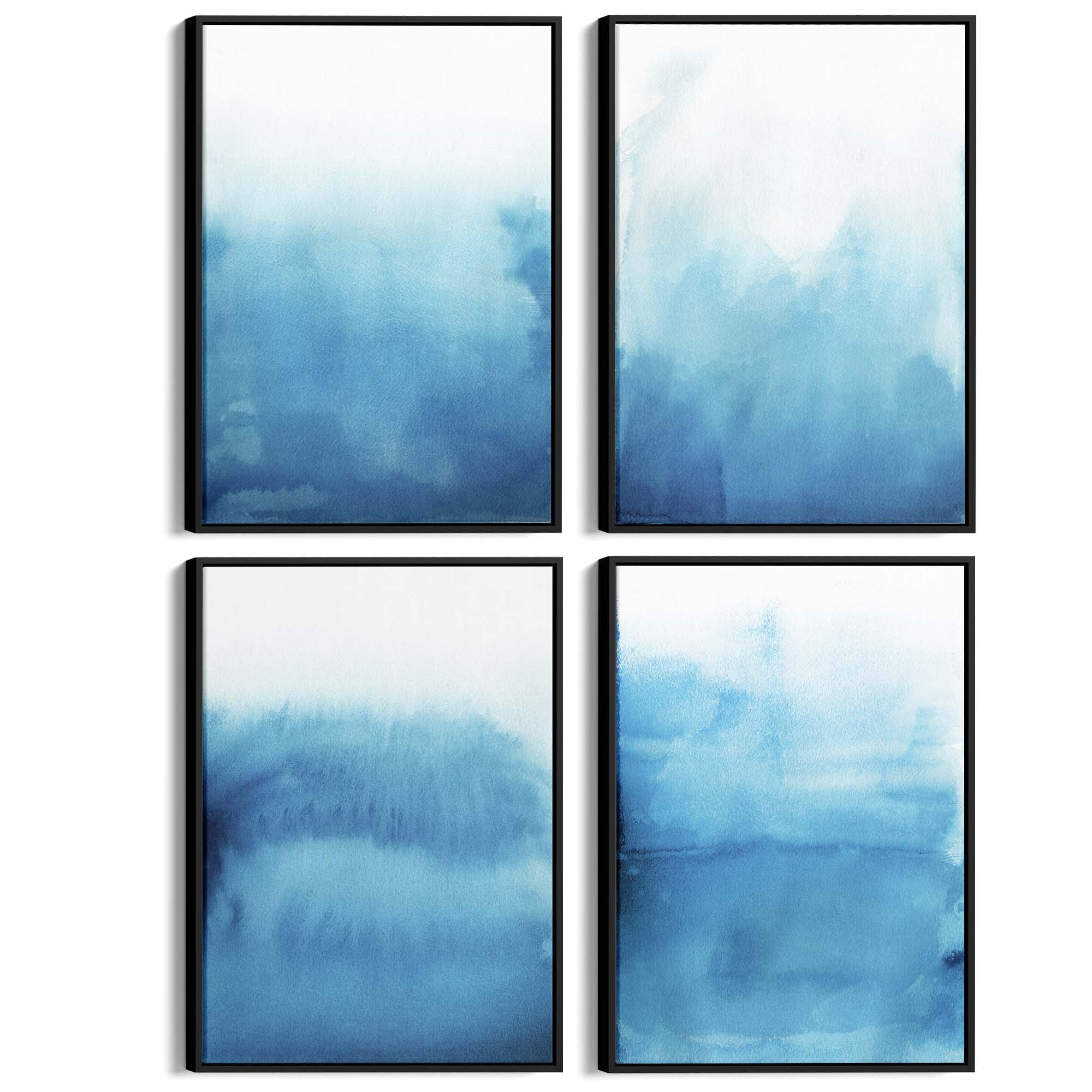 Set of 4 Abstract Blue Ink Wash Minimal Wall Art - The Affordable Art Company