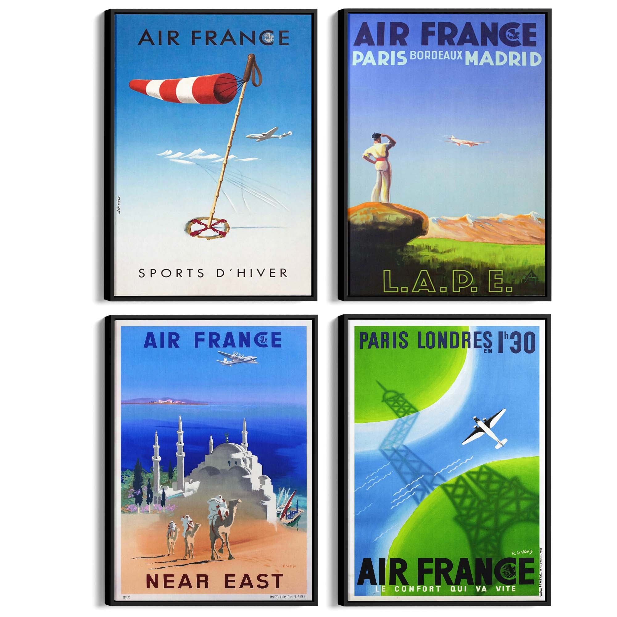 Set of 4 Vintage Air France Travel Advertisements Wall Art - The Affordable Art Company