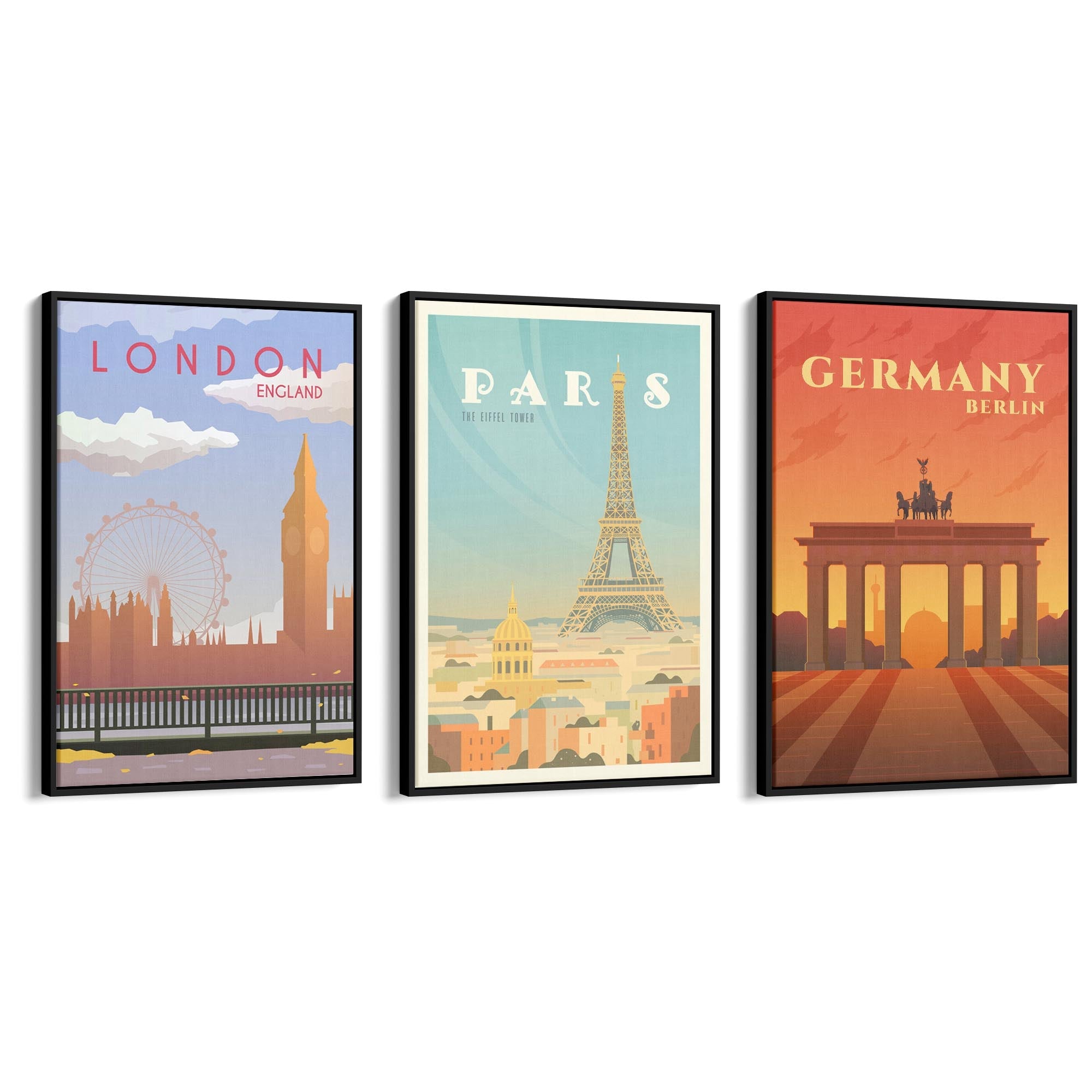Set of Retro Travel Wall Art (European Travel) - The Affordable Art Company