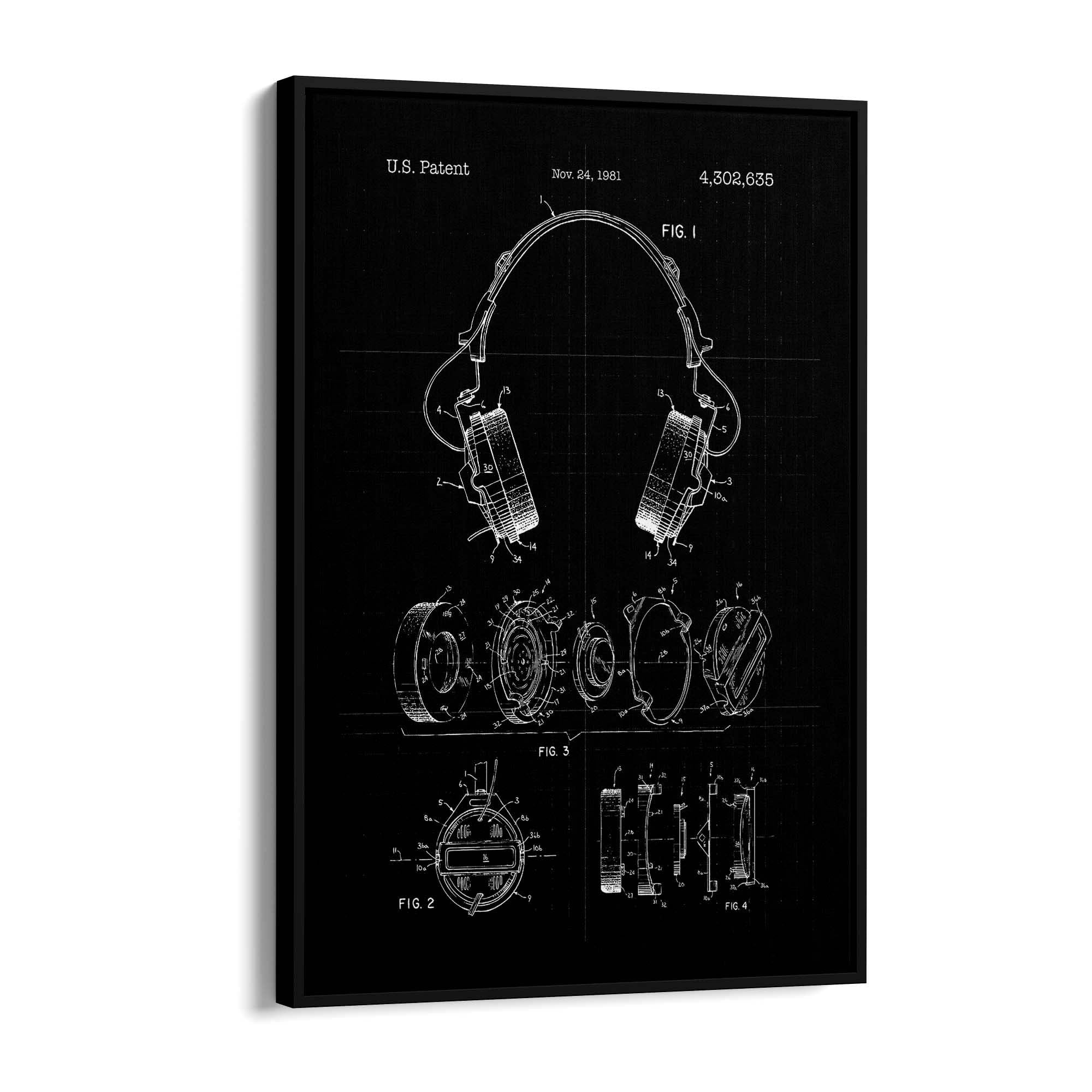 Vintage Music Headphones Black Patent Wall Art #1 - The Affordable Art Company