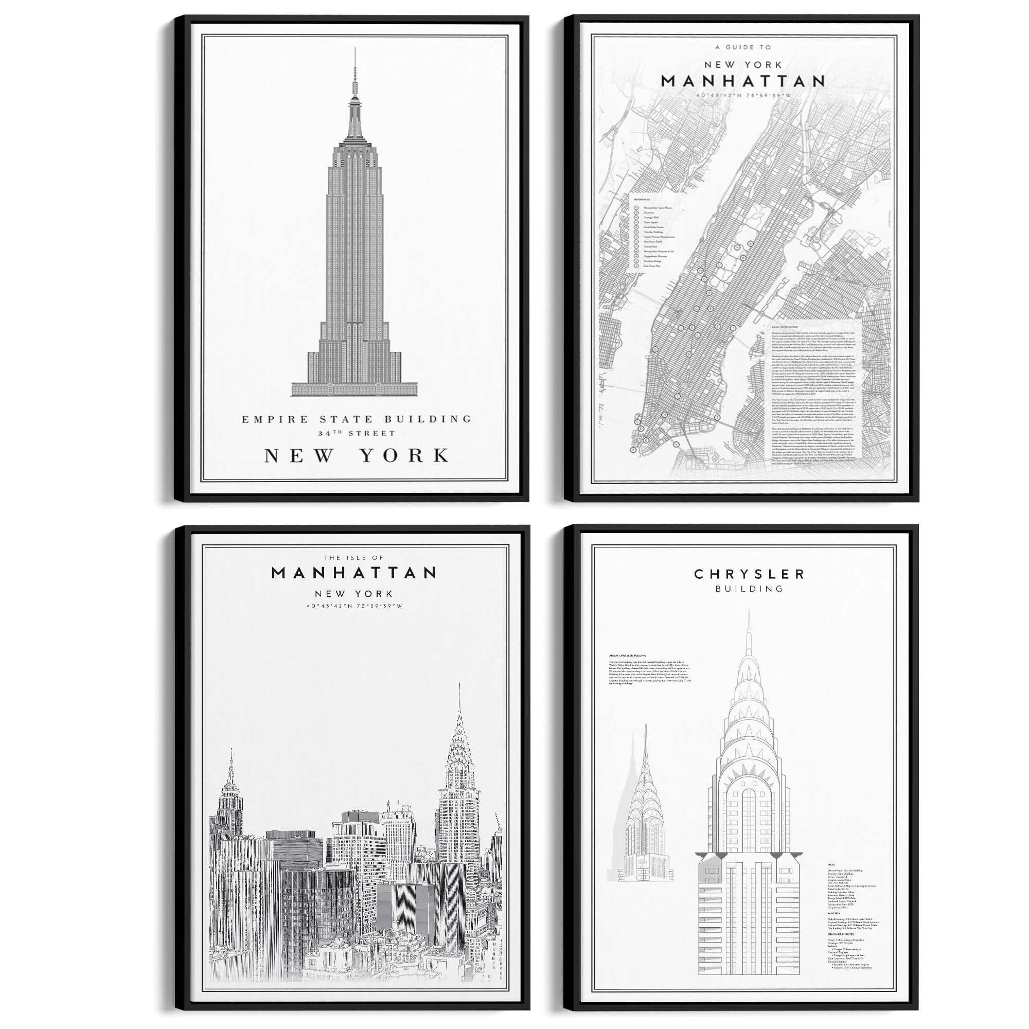 Set of 4 New York City Line Drawings Wall Art - The Affordable Art Company