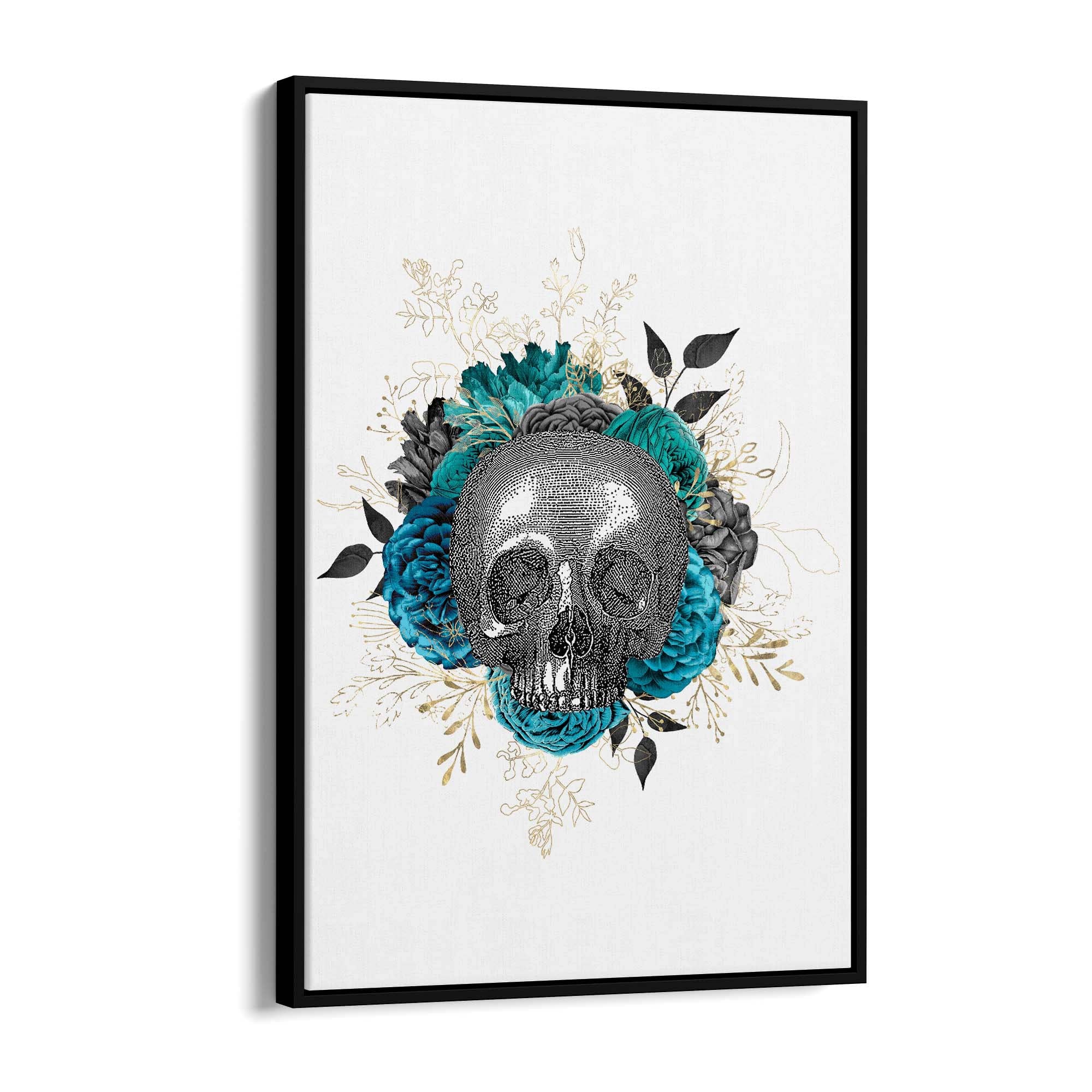 Teal Floral Skull Gothic Bedroom Wall Art - The Affordable Art Company