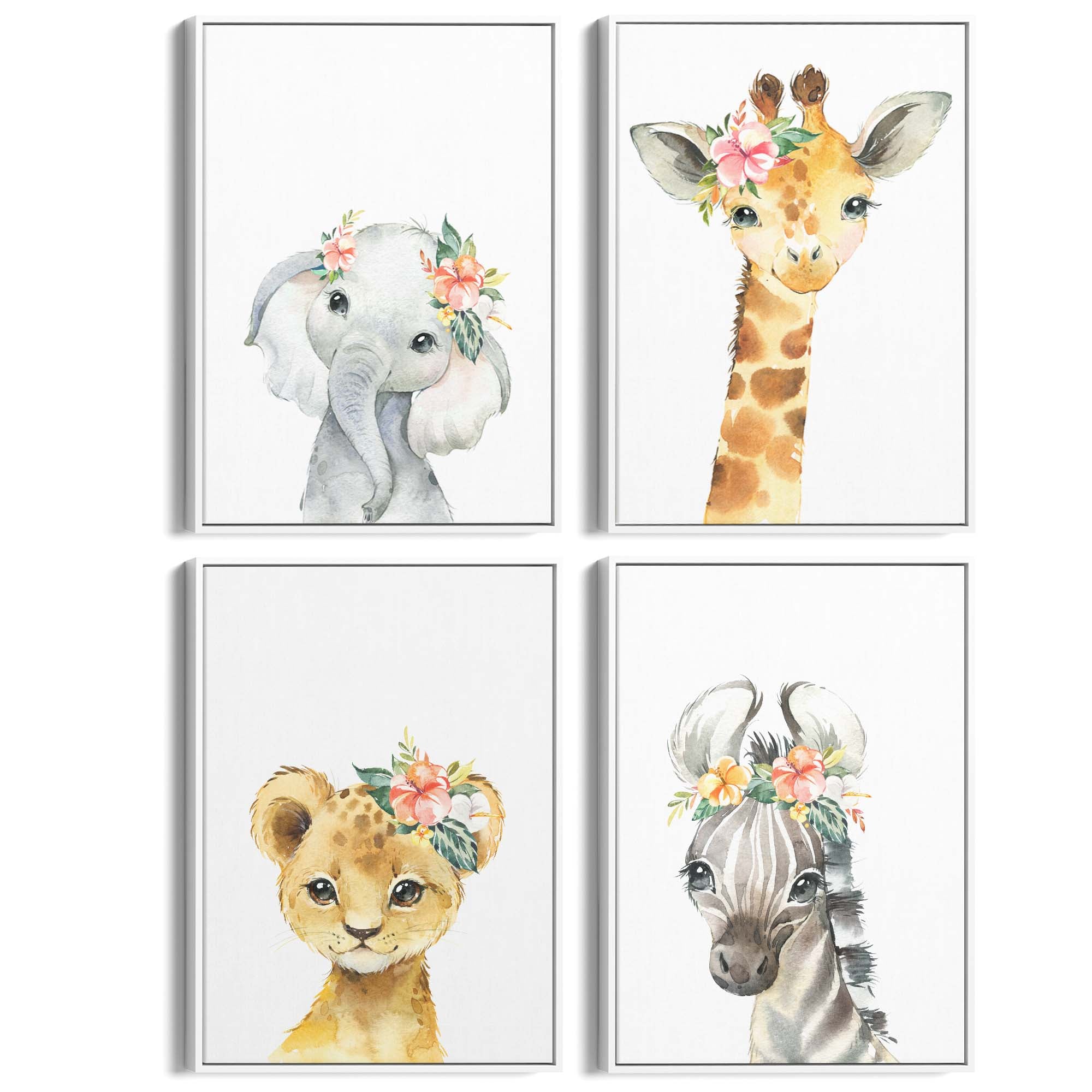 Set of 4 Baby Safari Animal Cute Nursery Paintings Wall Art - The Affordable Art Company