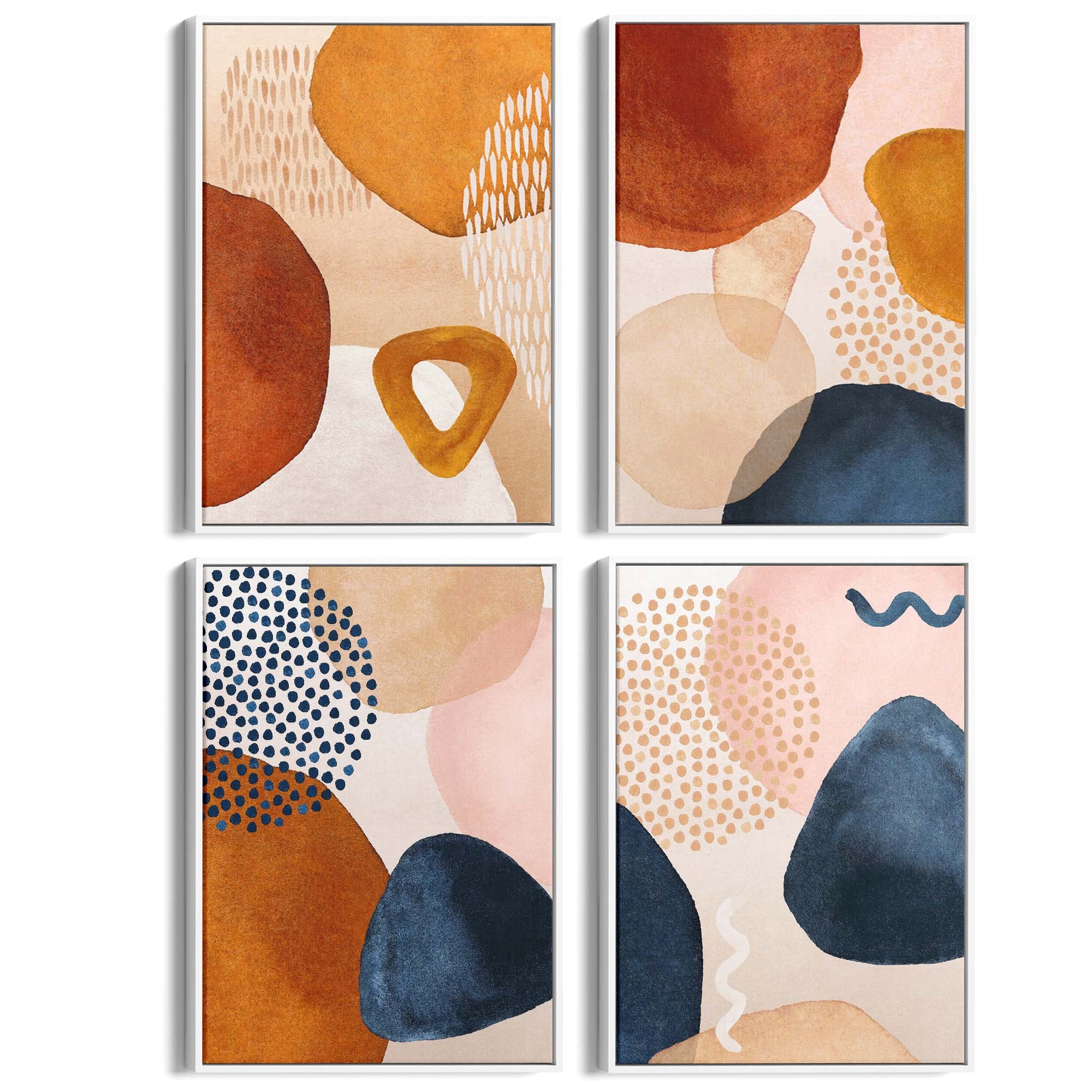Set of 4 Abstract Painting Blue and Neutral Shapes Wall Art - The Affordable Art Company