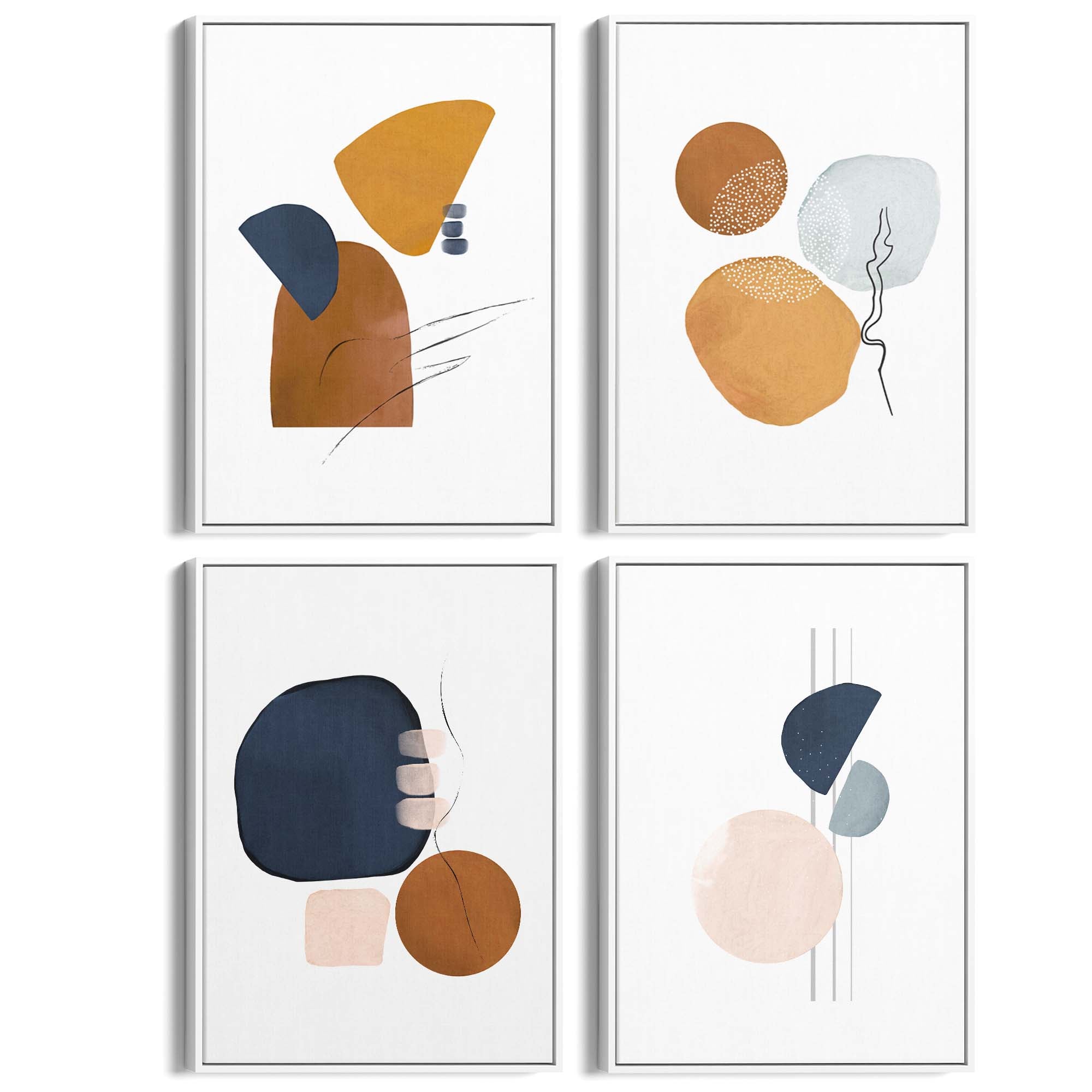 Set of 4 Abstract Shape Blue, Orange and Peach Line Wall Art - The Affordable Art Company