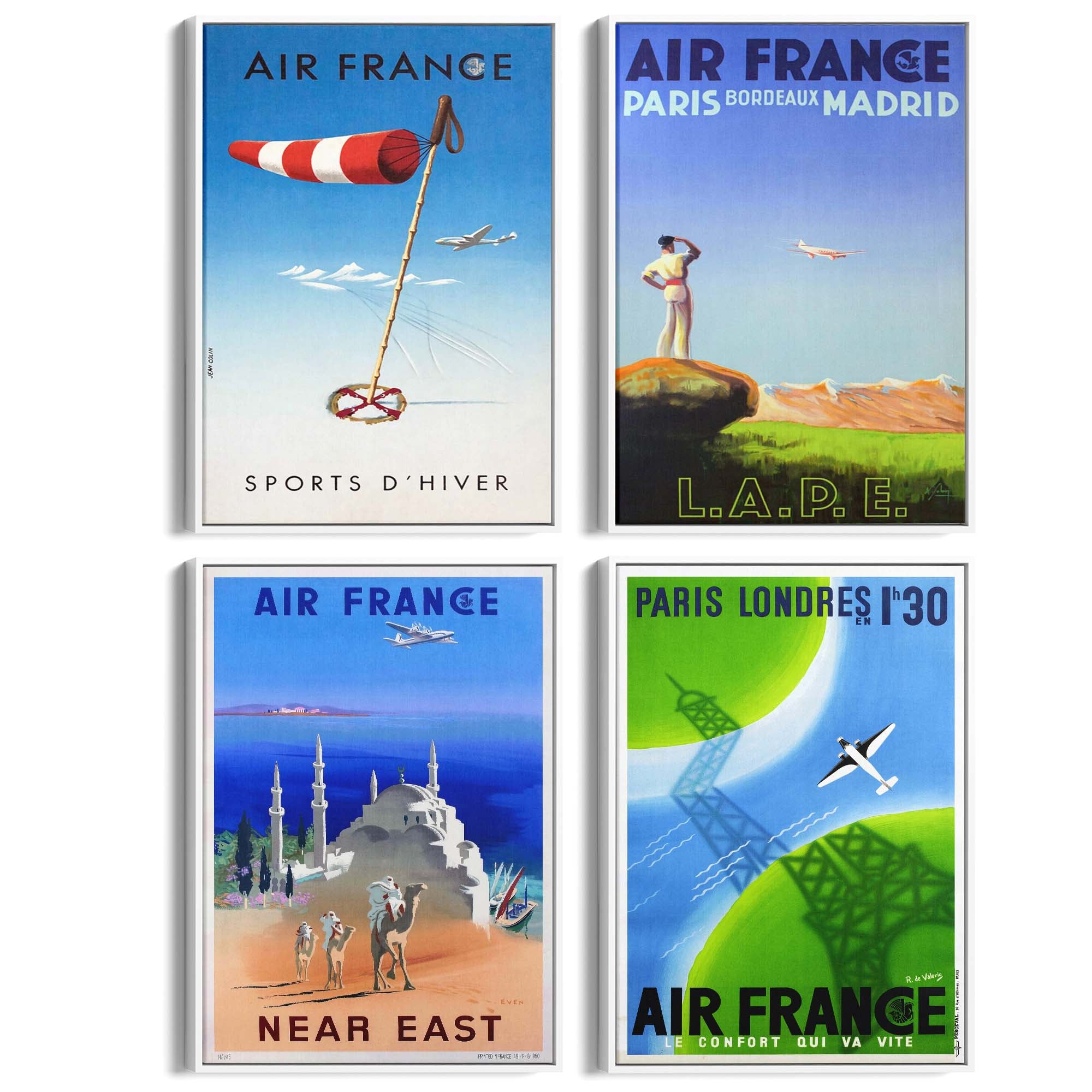 Set of 4 Vintage Air France Travel Advertisements Wall Art - The Affordable Art Company