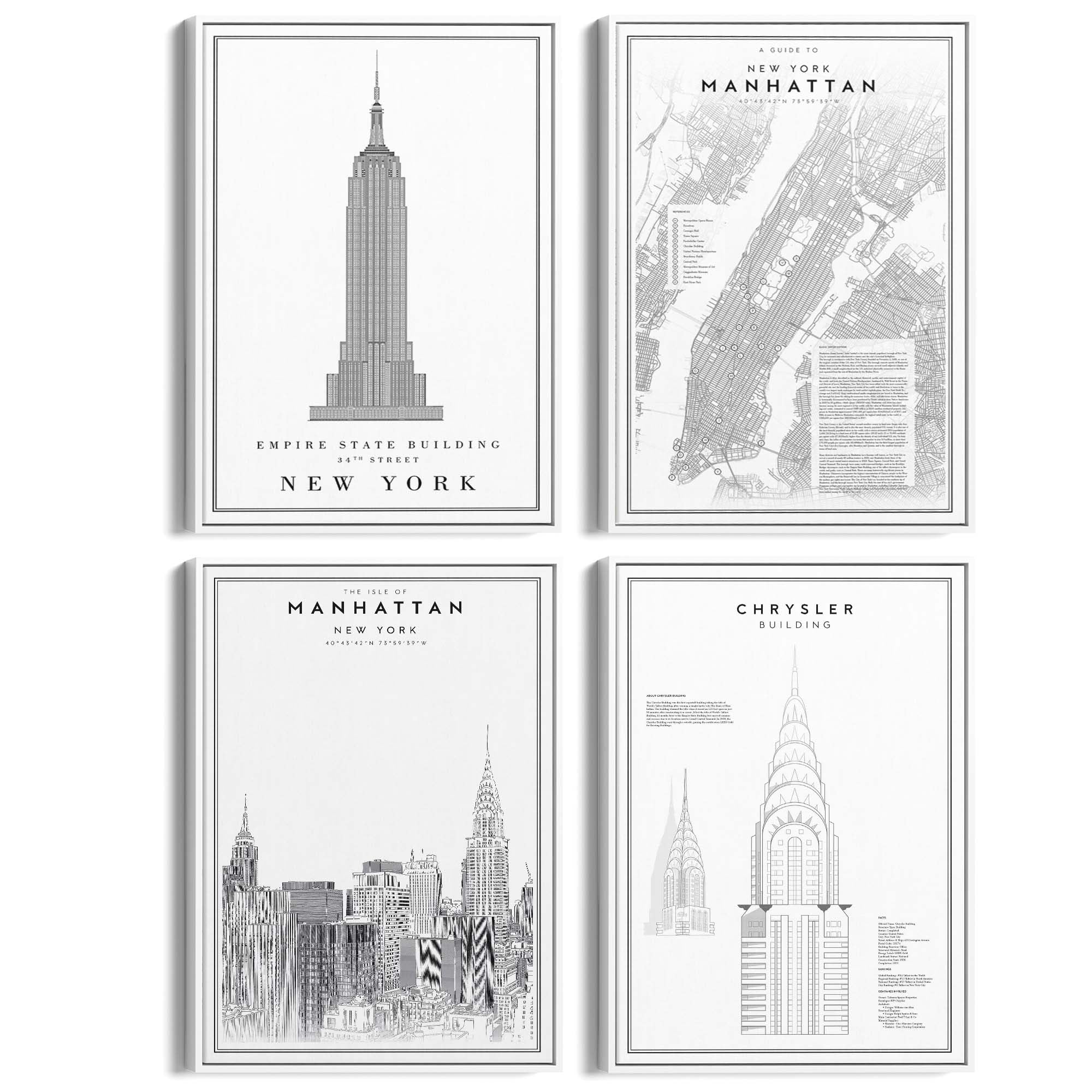 Set of 4 New York City Line Drawings Wall Art - The Affordable Art Company