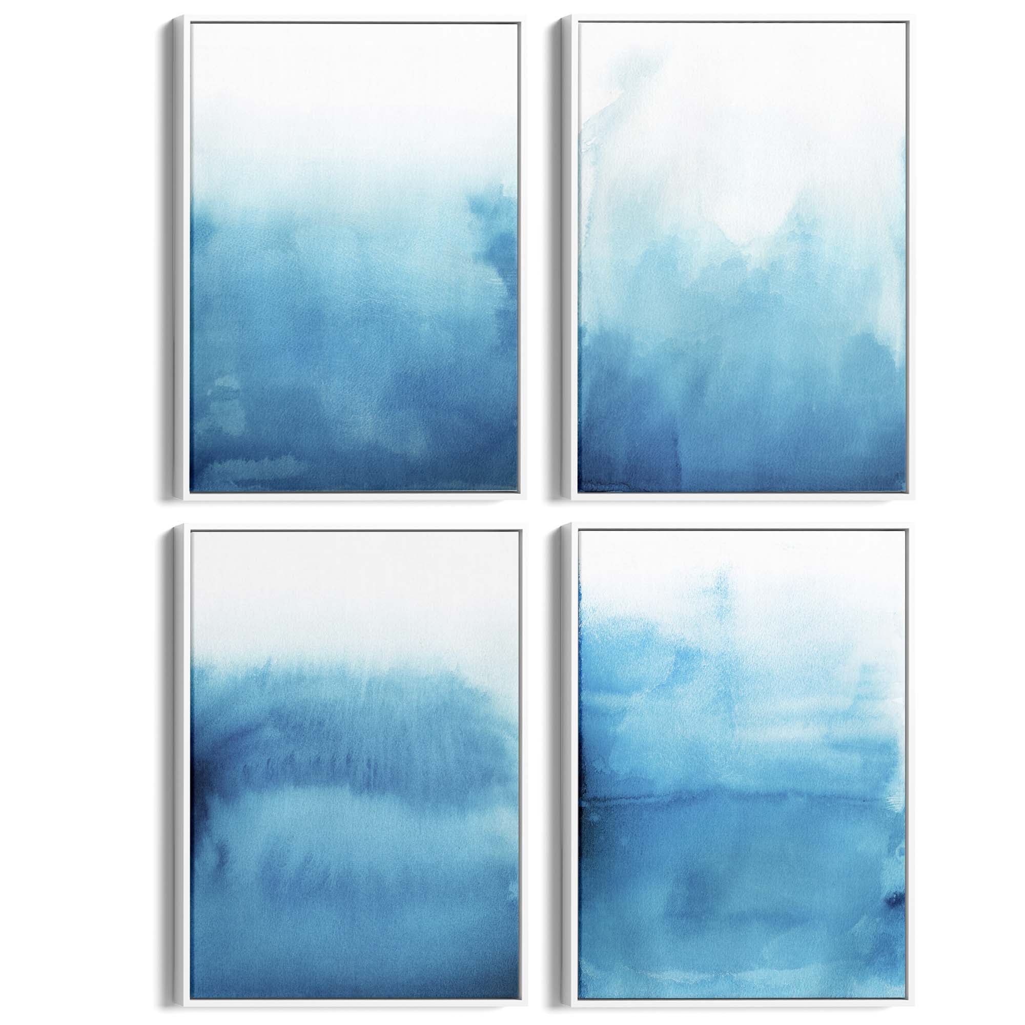 Set of 4 Abstract Blue Ink Wash Minimal Wall Art - The Affordable Art Company