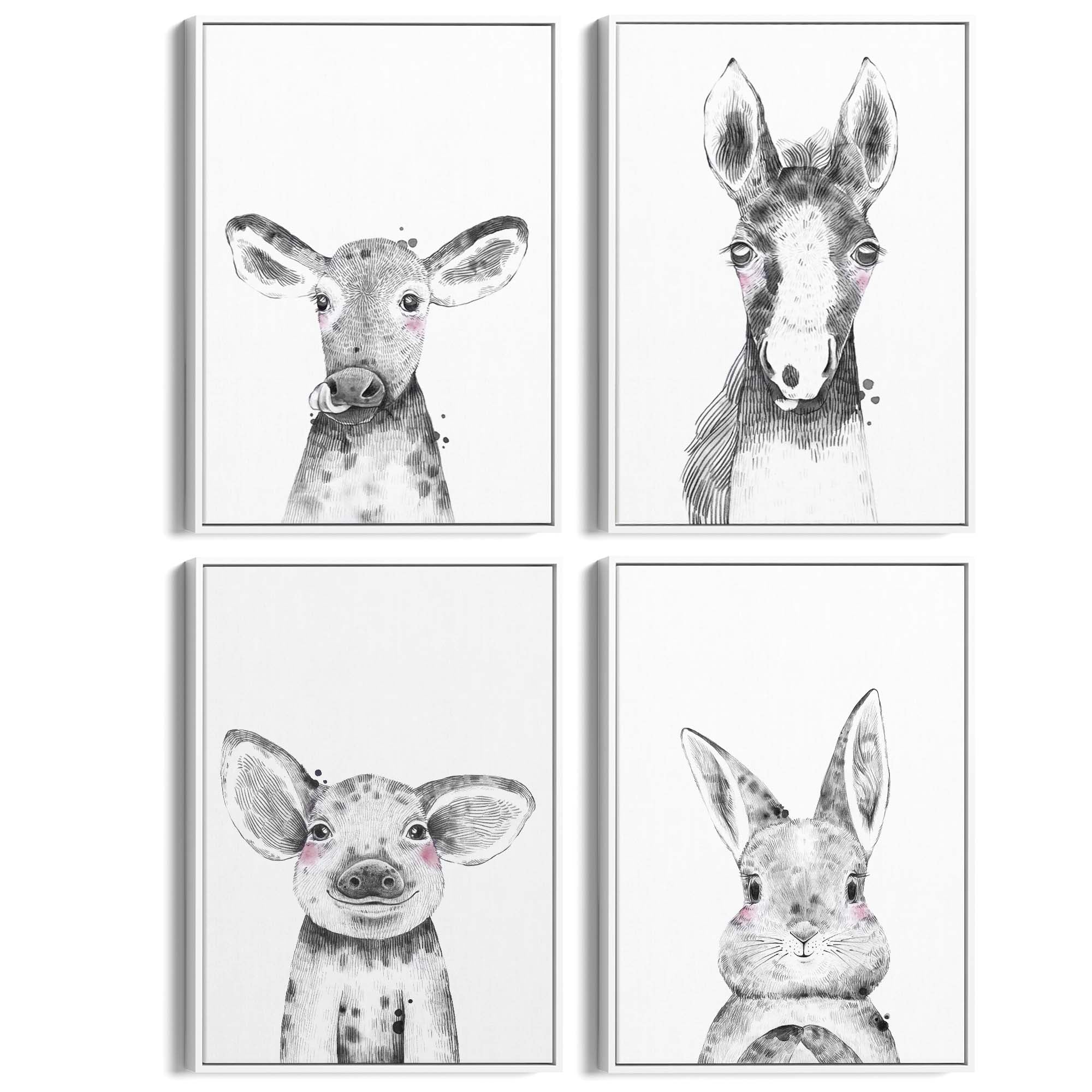Set of 4 Cute Baby Nursery Country Farm Animal Drawings Wall Art - The Affordable Art Company