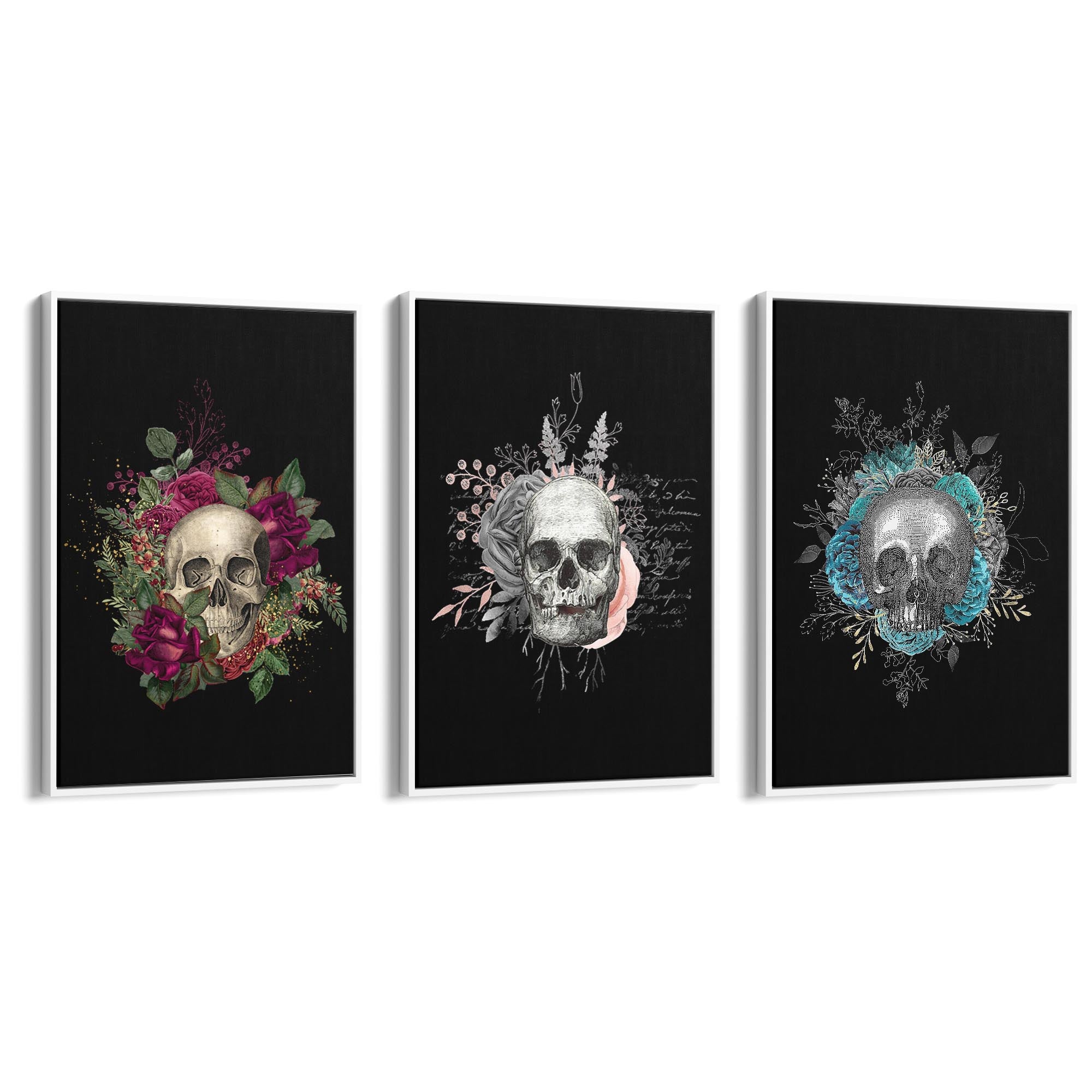 Set of Dark Floral Skull Fashion & Flowers Wall Art - The Affordable Art Company