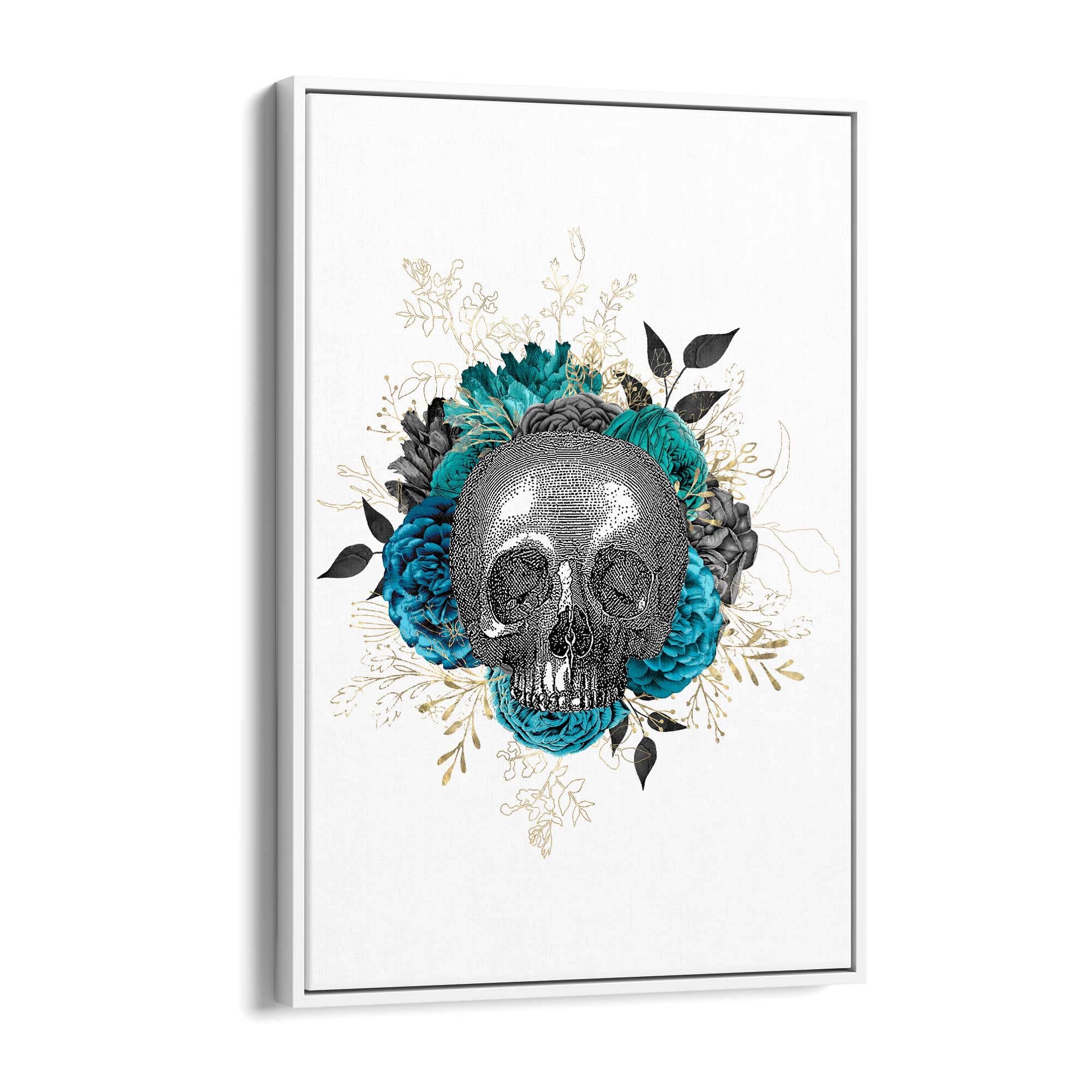 Teal Floral Skull Gothic Bedroom Wall Art - The Affordable Art Company
