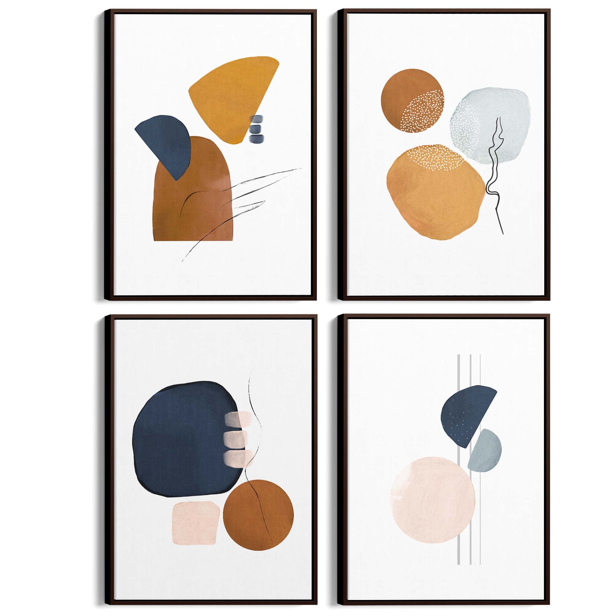 Set of 4 Abstract Shape Blue, Orange and Peach Line Wall Art - The Affordable Art Company