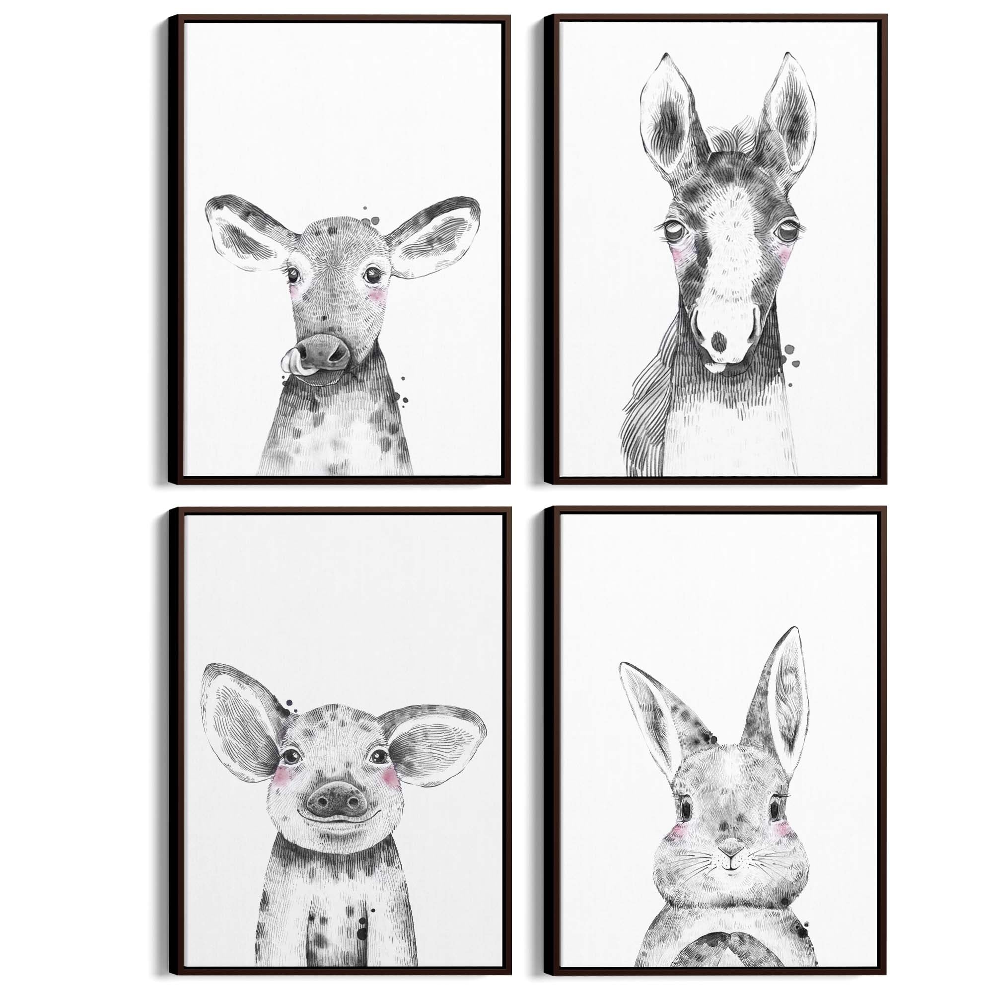 Set of 4 Cute Baby Nursery Country Farm Animal Drawings Wall Art - The Affordable Art Company