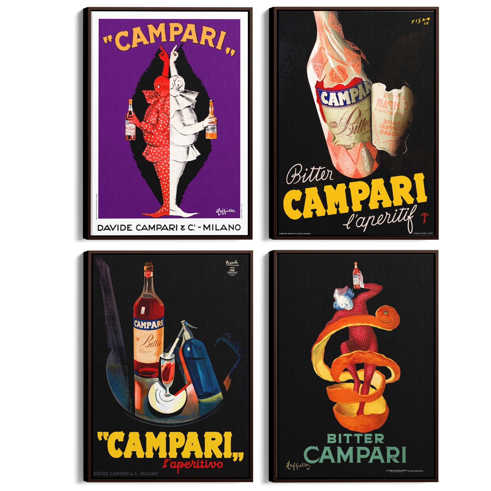 Set of 4 Vintage Italian Campari Drink Advertisements Wall Art - The Affordable Art Company
