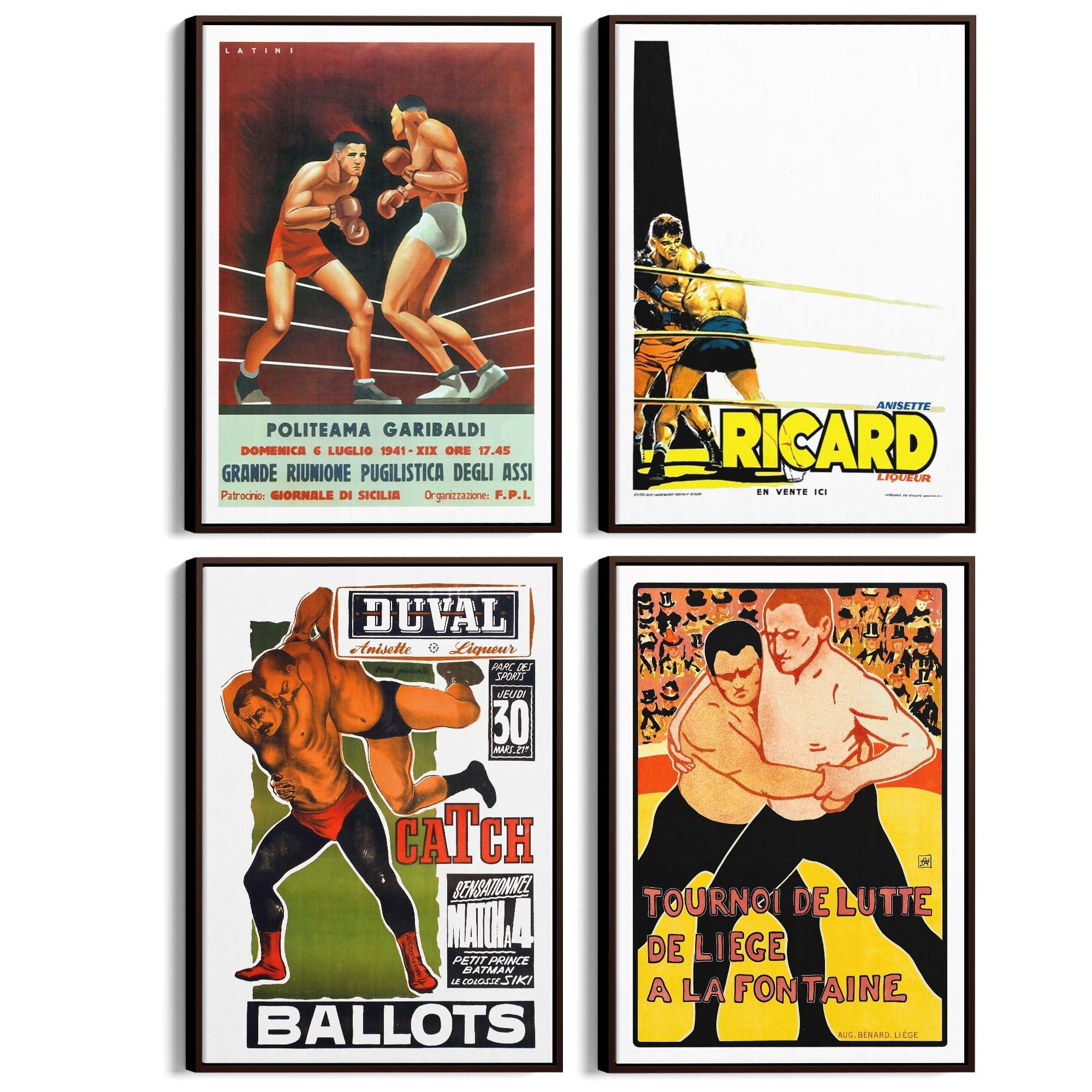 Set of 4 Vintage Boxing and Wrestling Sport Advertisements Wall Art - The Affordable Art Company