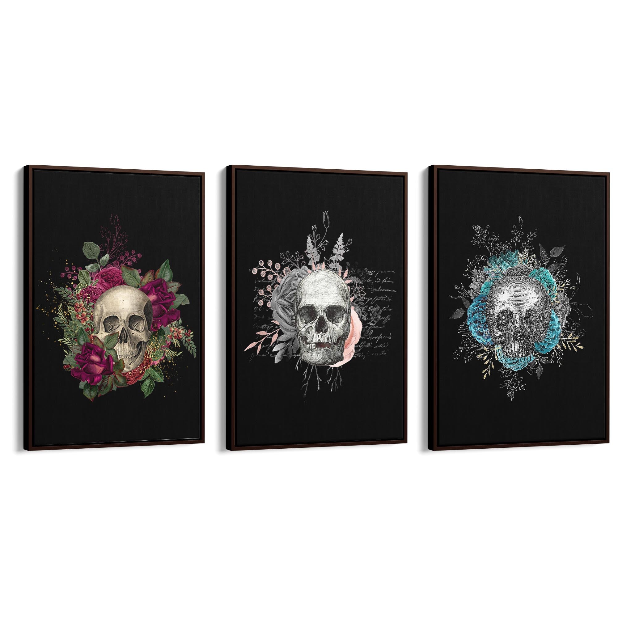 Set of Dark Floral Skull Fashion & Flowers Wall Art - The Affordable Art Company