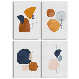 Set of 4 Abstract Shape Blue, Orange and Peach Line Wall Art - The Affordable Art Company