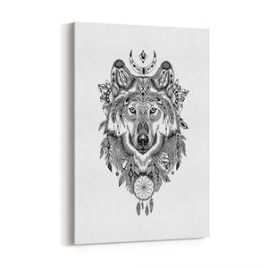 Aztec Wolf Drawing Boho Spirit Animal Wall Art - The Affordable Art Company