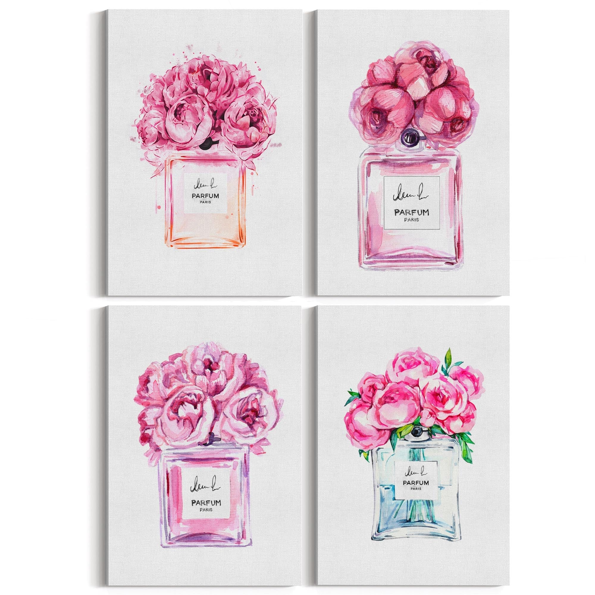 Set of 4 Perfume Bottle Painting Fashion Inspired Bedroom Wall Art - The Affordable Art Company