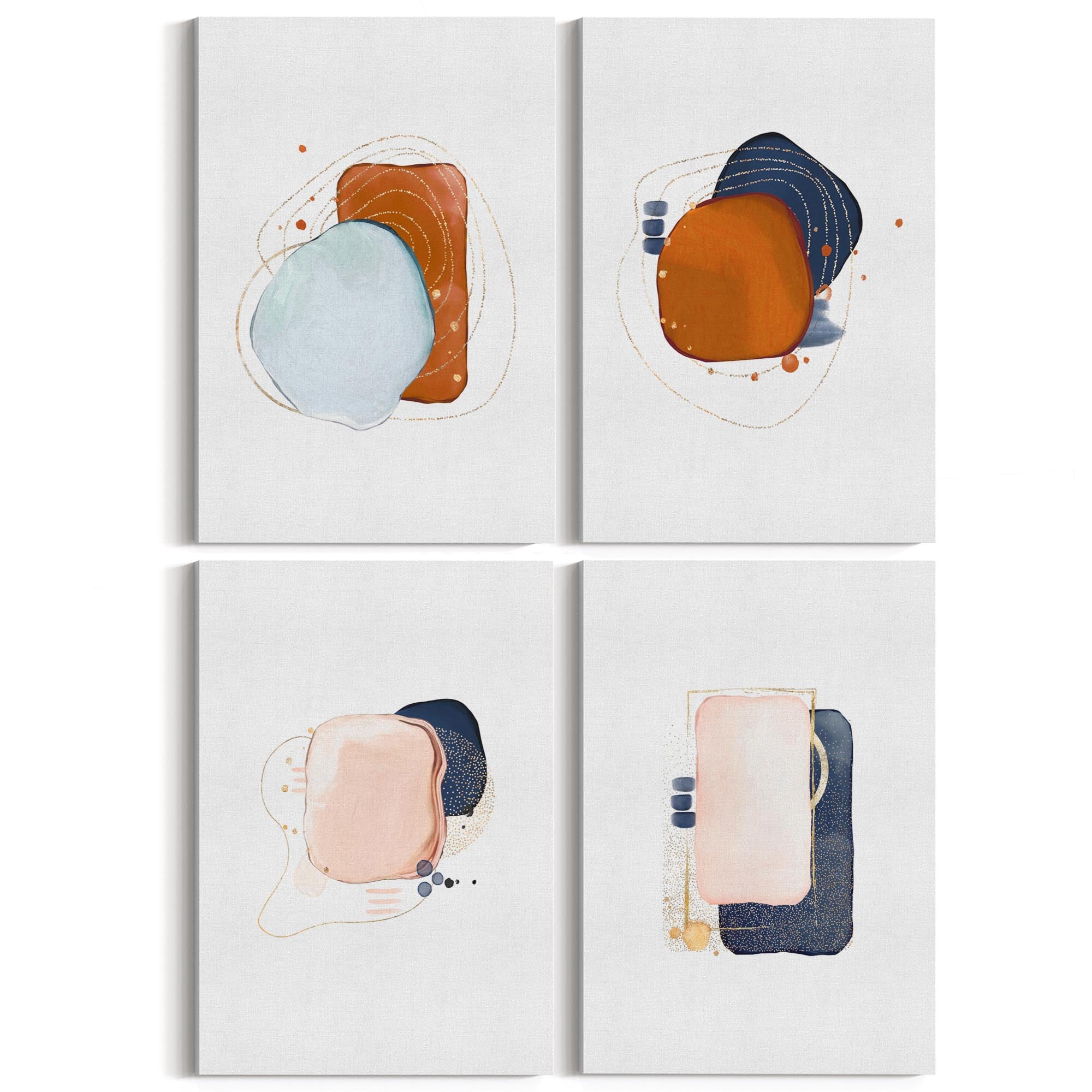 Set of 4 Abstract Blue, Orange and Peach Minimal Wall Art - The Affordable Art Company