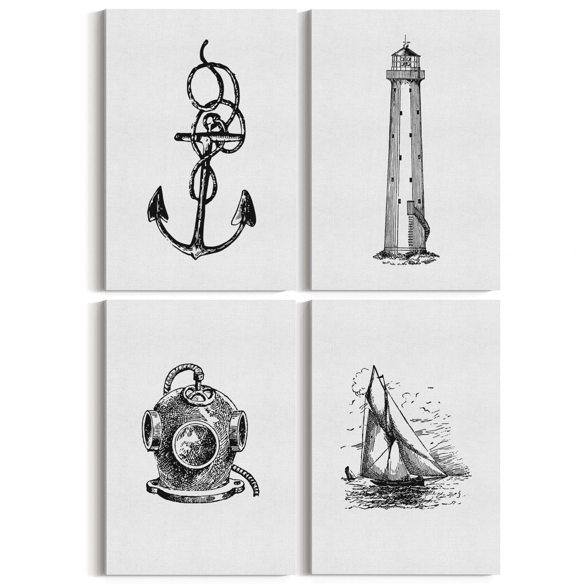 Set of 4 Nautical Drawings Coastal Style Wall Art - The Affordable Art Company