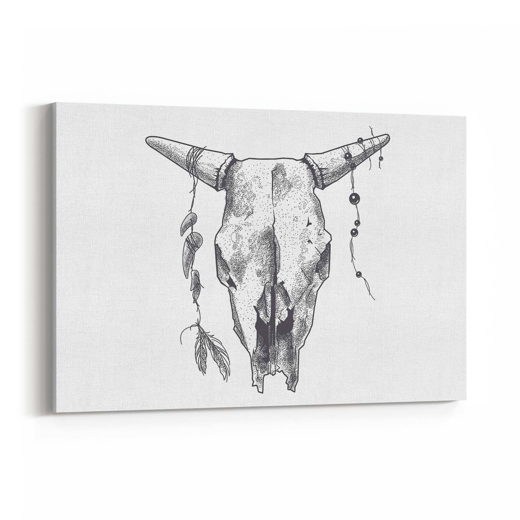 Cow Skull Drawing Minimal Boho Vintage Wall Art #1 - The Affordable Art Company