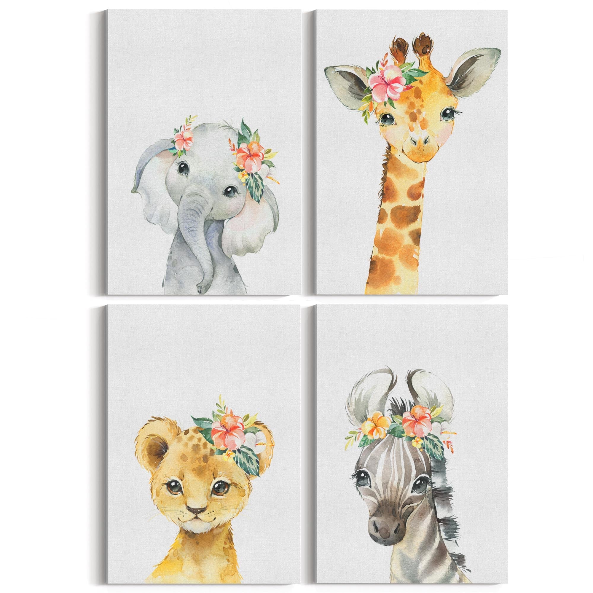 Set of 4 Baby Safari Animal Cute Nursery Paintings Wall Art - The Affordable Art Company