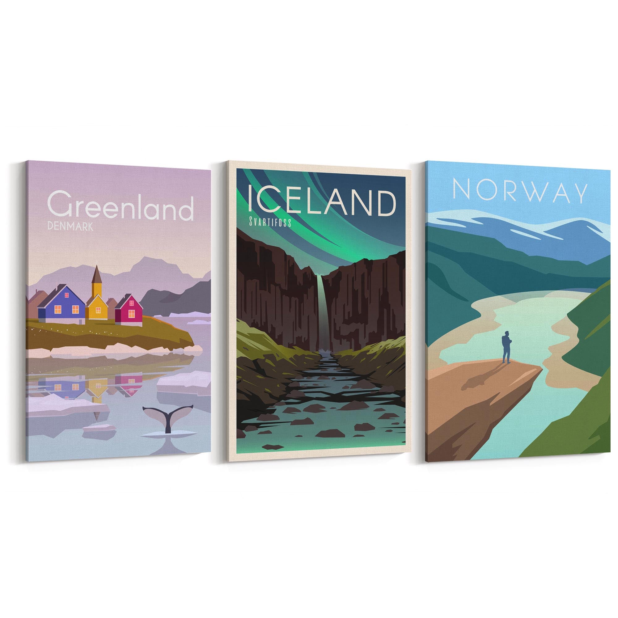 Set of Retro Travel Wall Art (Norway, Iceland, Greenland) - The Affordable Art Company