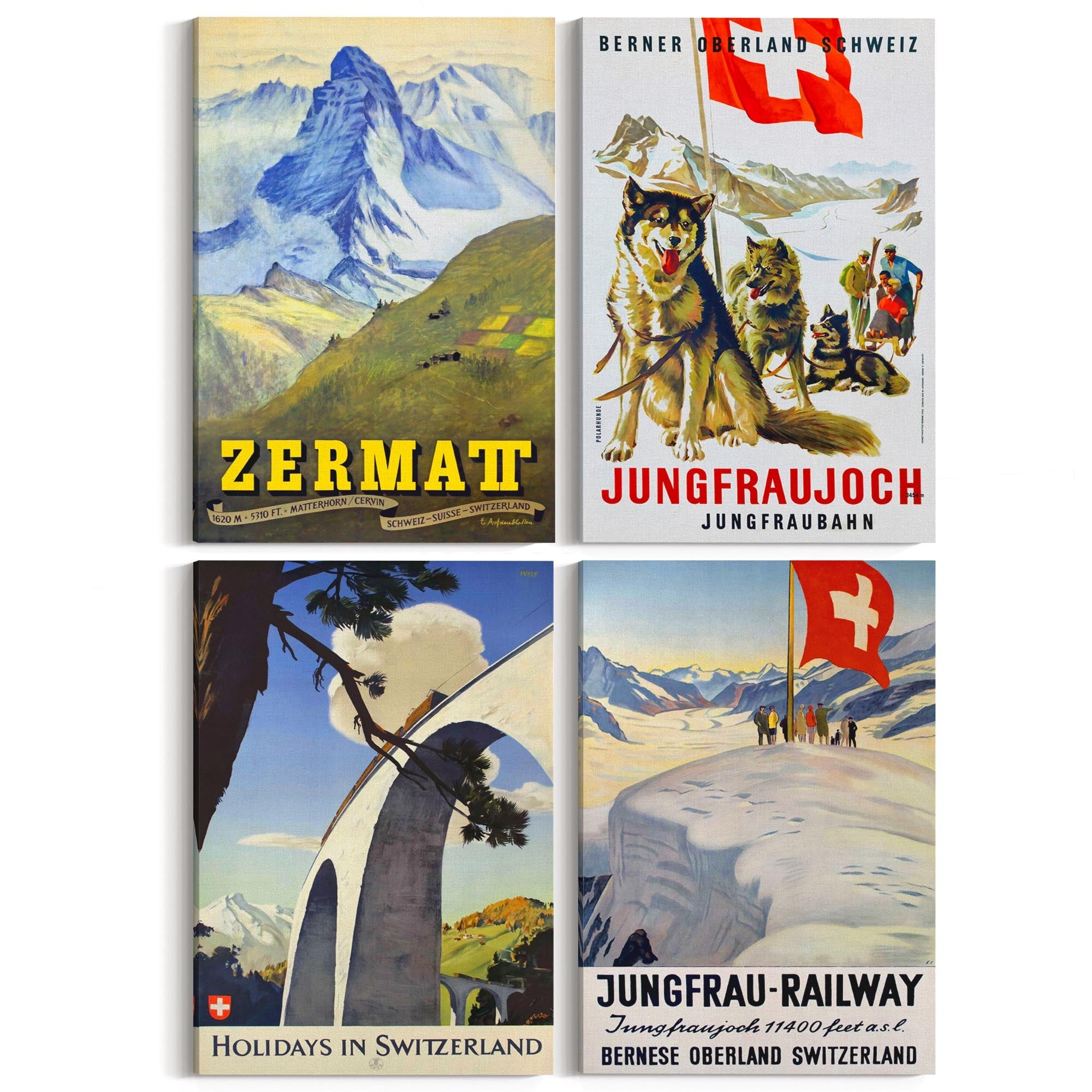 Set of 4 Vintage Switzerland Travel Advertisements Wall Art - The Affordable Art Company