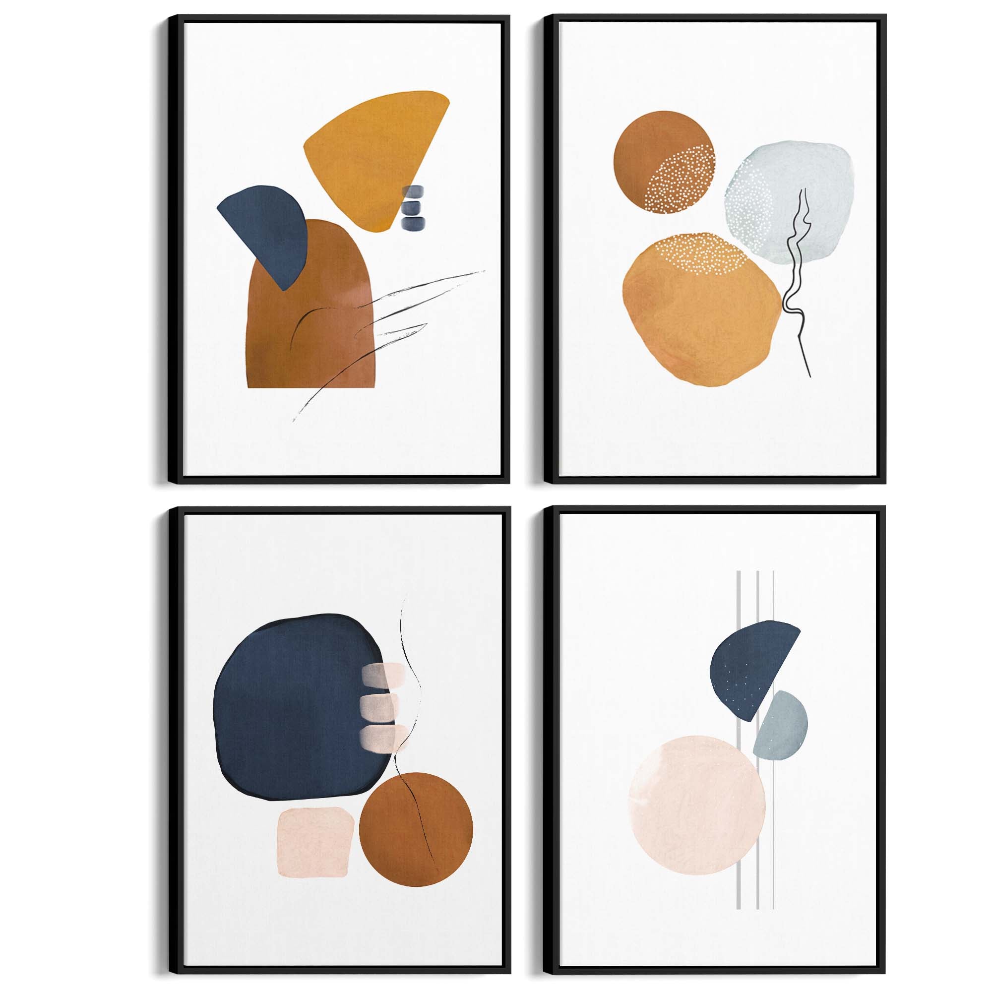 Set of 4 Abstract Shape Blue, Orange and Peach Line Wall Art - The Affordable Art Company