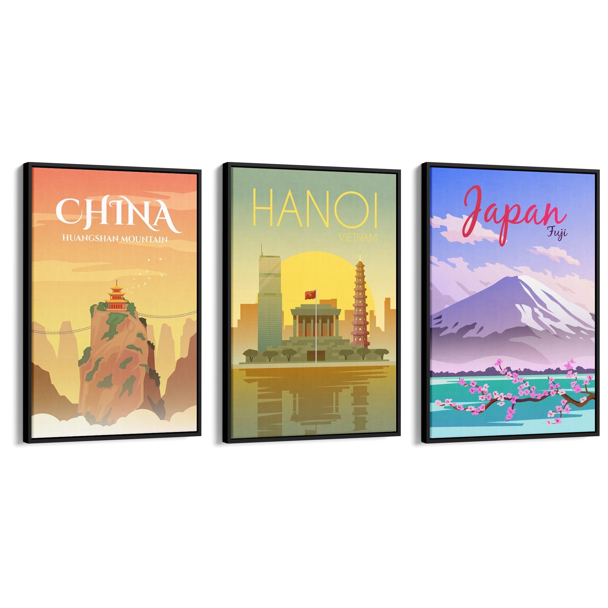 Set of Retro Travel Wall Art (Asian Travel) - The Affordable Art Company