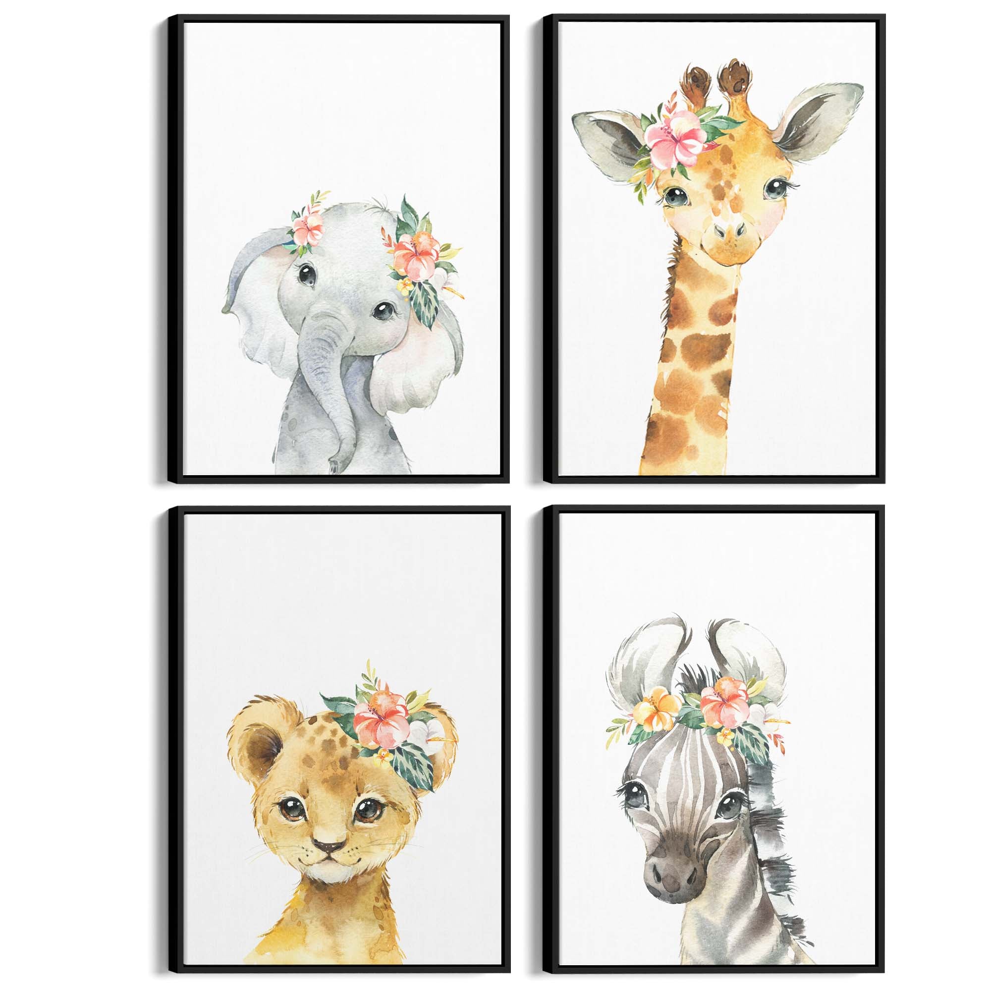 Set of 4 Baby Safari Animal Cute Nursery Paintings Wall Art - The Affordable Art Company