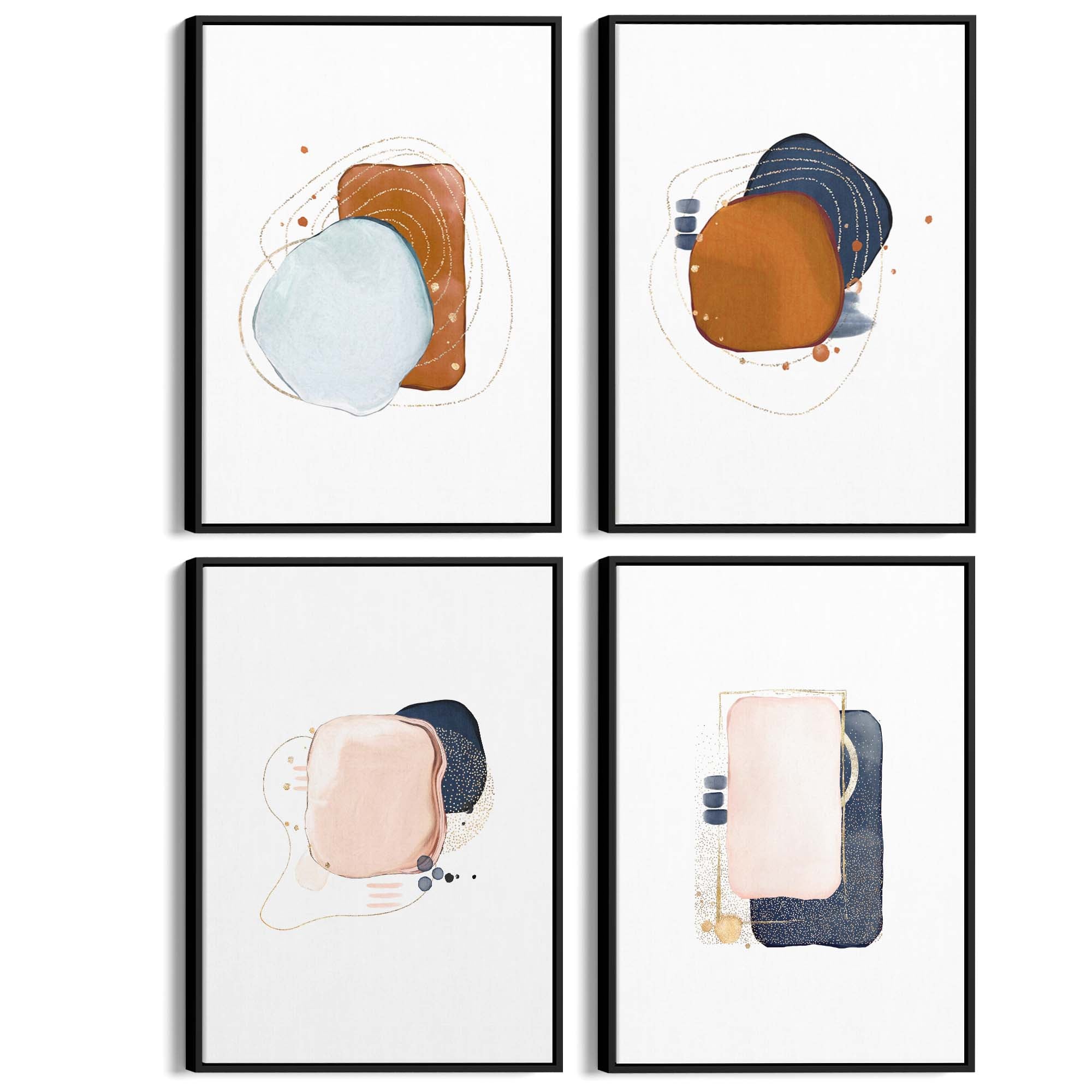 Set of 4 Abstract Blue, Orange and Peach Minimal Wall Art - The Affordable Art Company