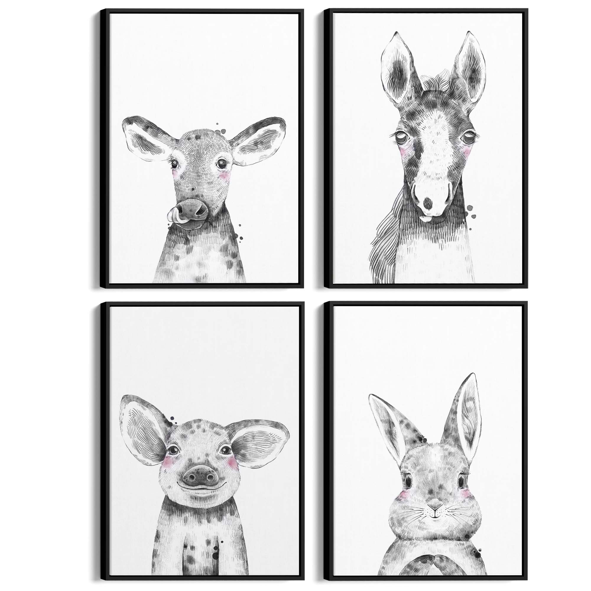 Set of 4 Cute Baby Nursery Country Farm Animal Drawings Wall Art - The Affordable Art Company