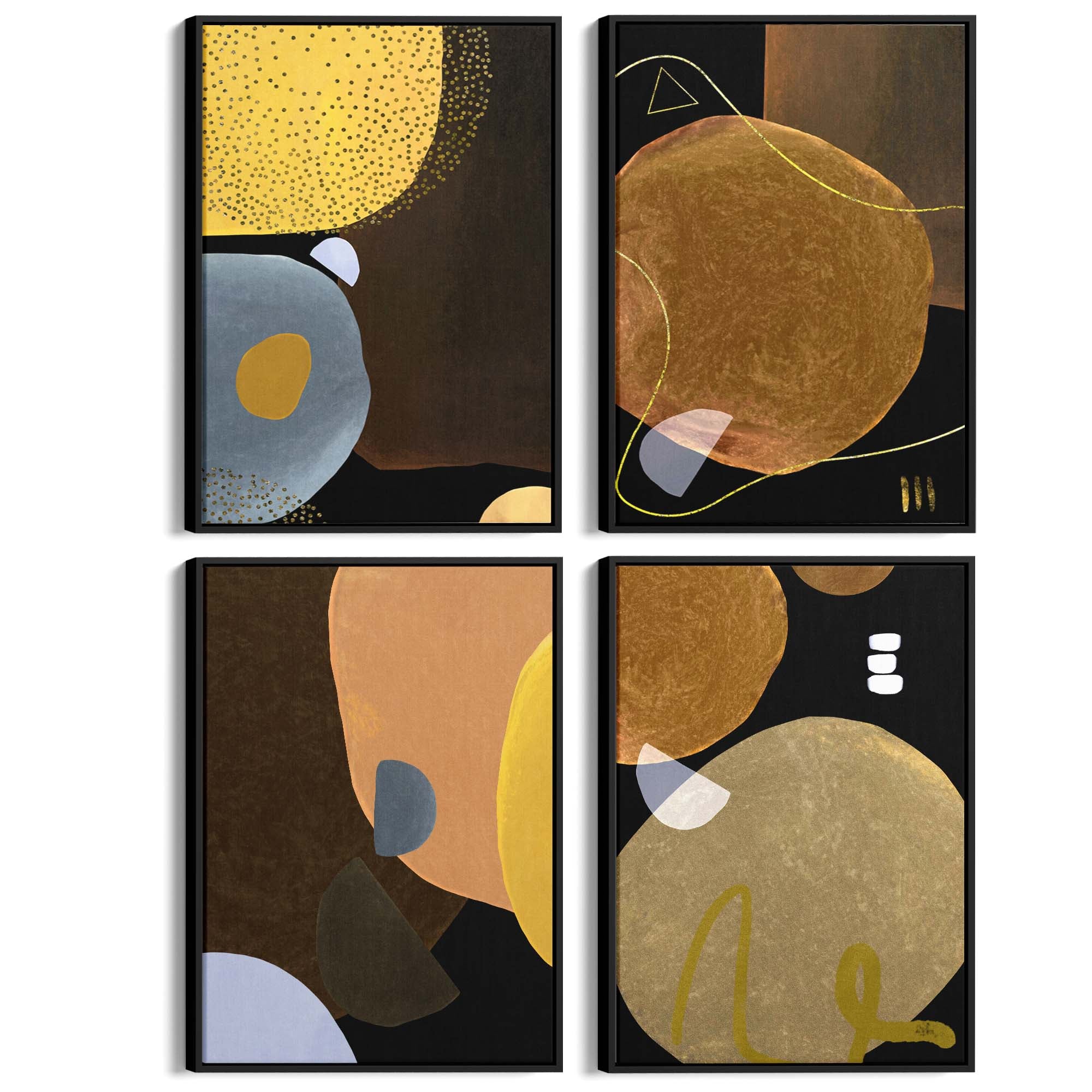 Set of 4 Abstract Yellow, Orange and Black Shape Painting Wall Art - The Affordable Art Company