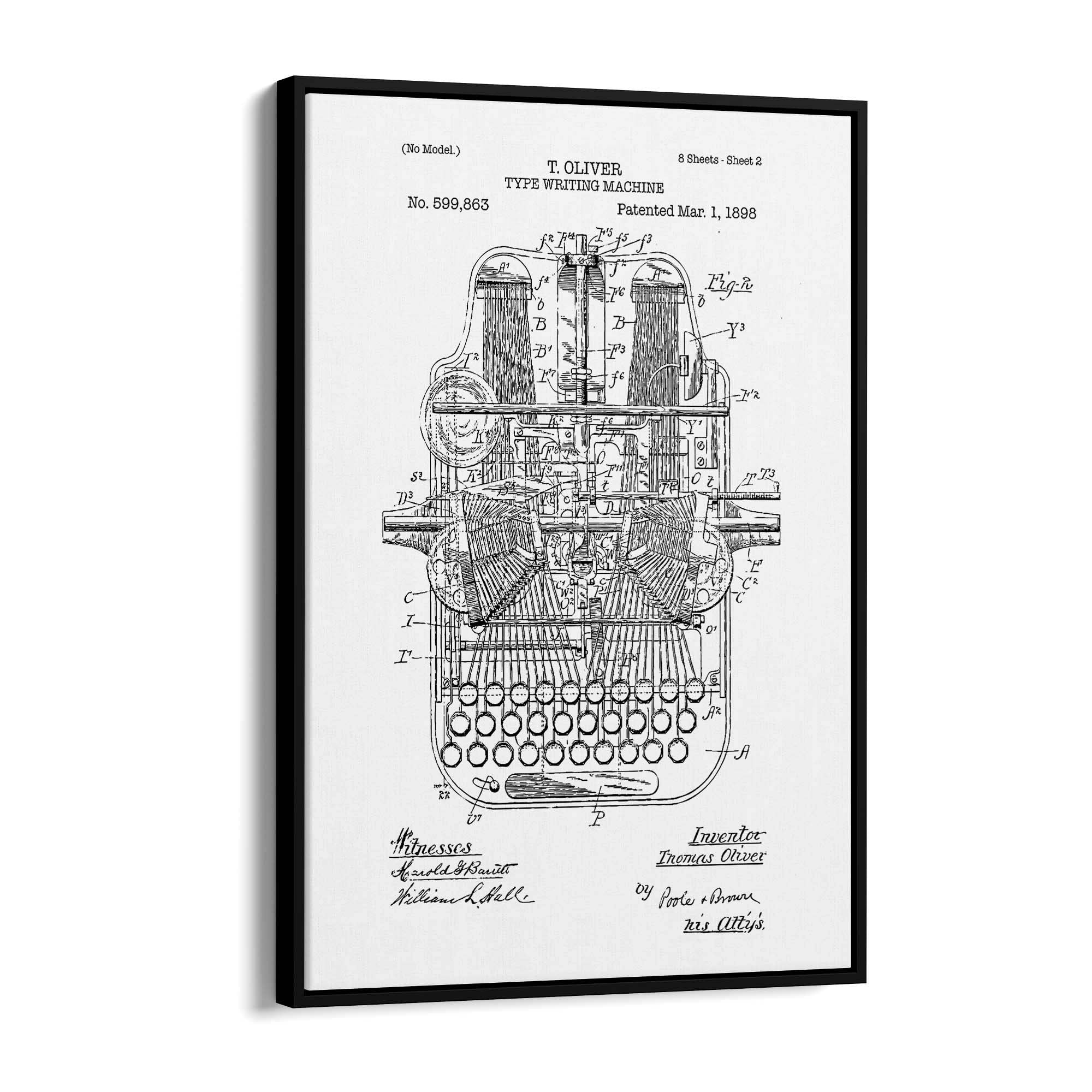 Type Writing Machine, Patented 1899 | Large Metal Wall Art Print | Great Big Canvas