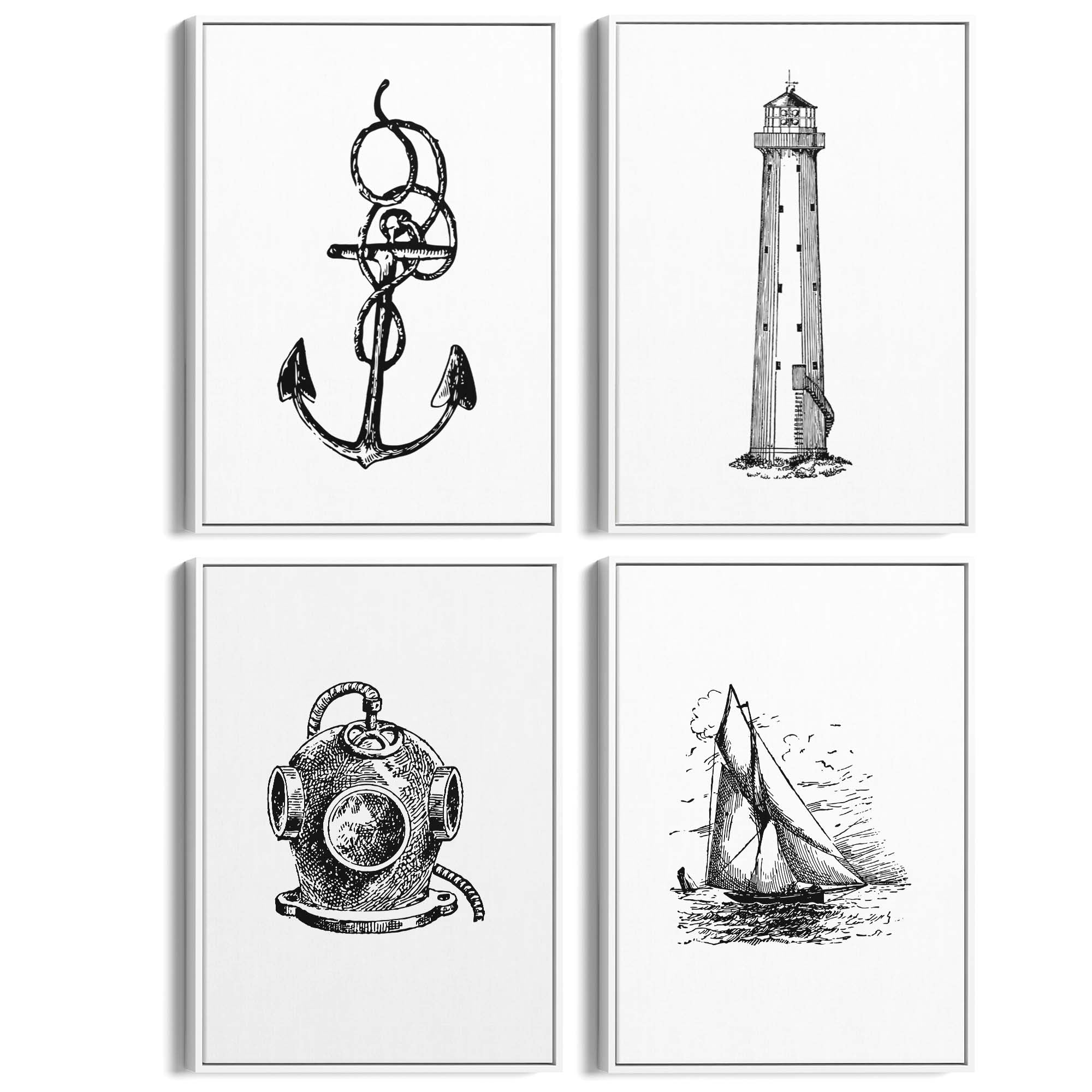 Set of 4 Nautical Drawings Coastal Style Wall Art - The Affordable Art Company