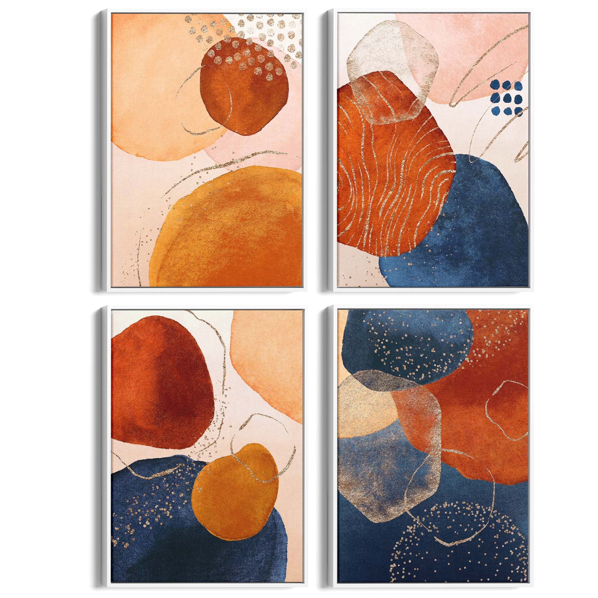 Set of 4 Abstract Blue, Peach and Orange Painting Wall Art - The Affordable Art Company