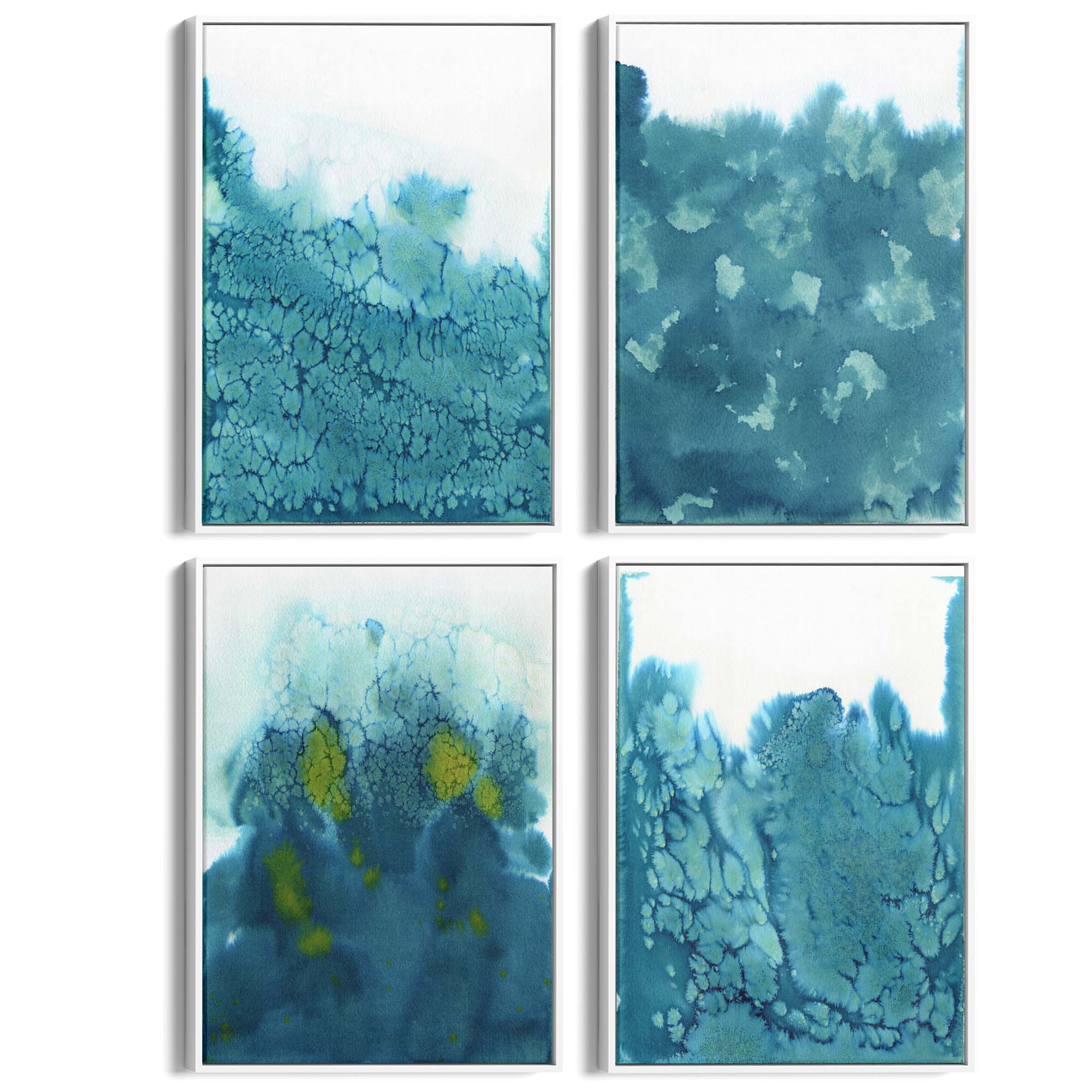 Set of 4 Abstract Blue Ink Wash Minimal Wall Art - The Affordable Art Company