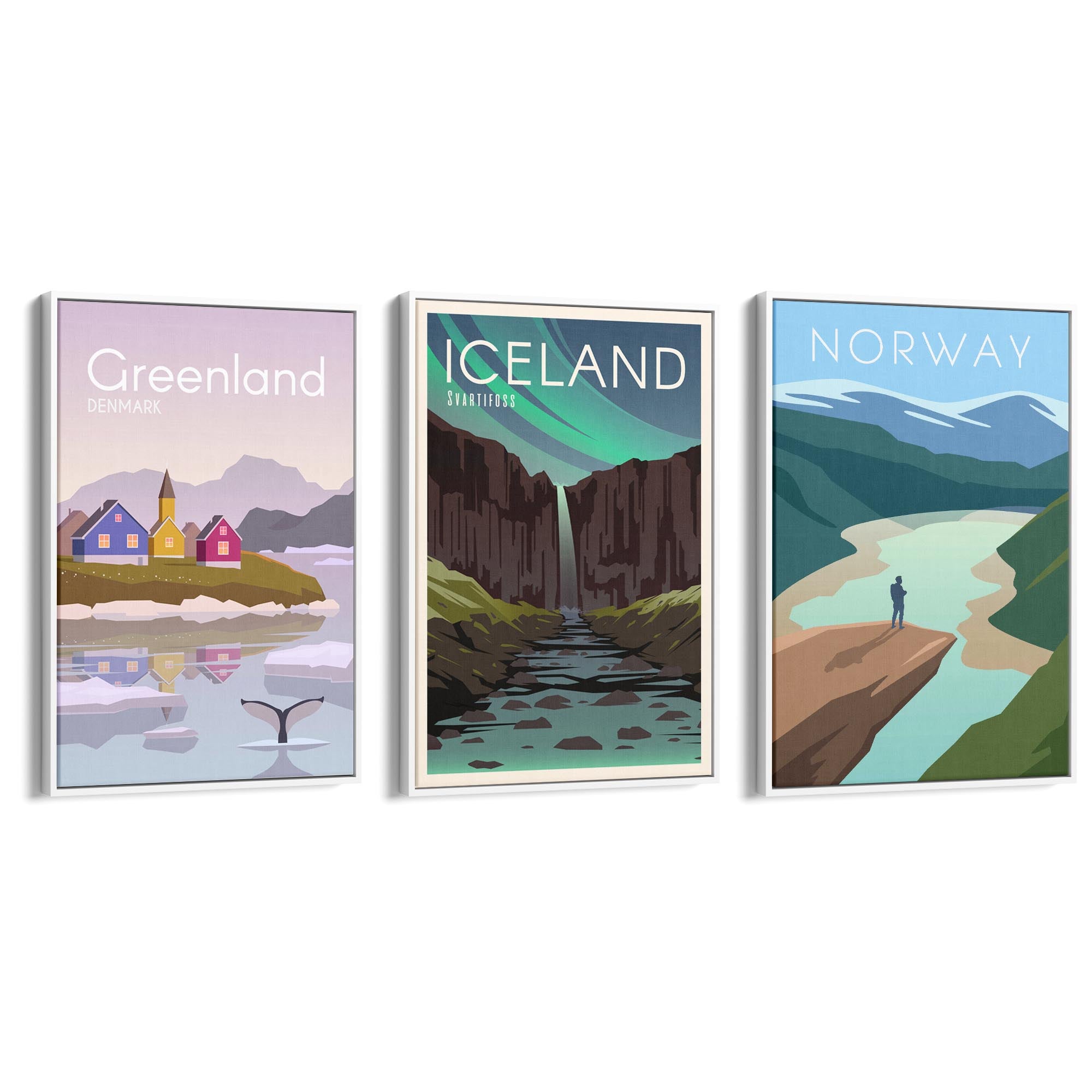 Set of Retro Travel Wall Art (Norway, Iceland, Greenland) - The Affordable Art Company