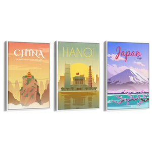 Set of Retro Travel Wall Art (Asian Travel) - The Affordable Art Company