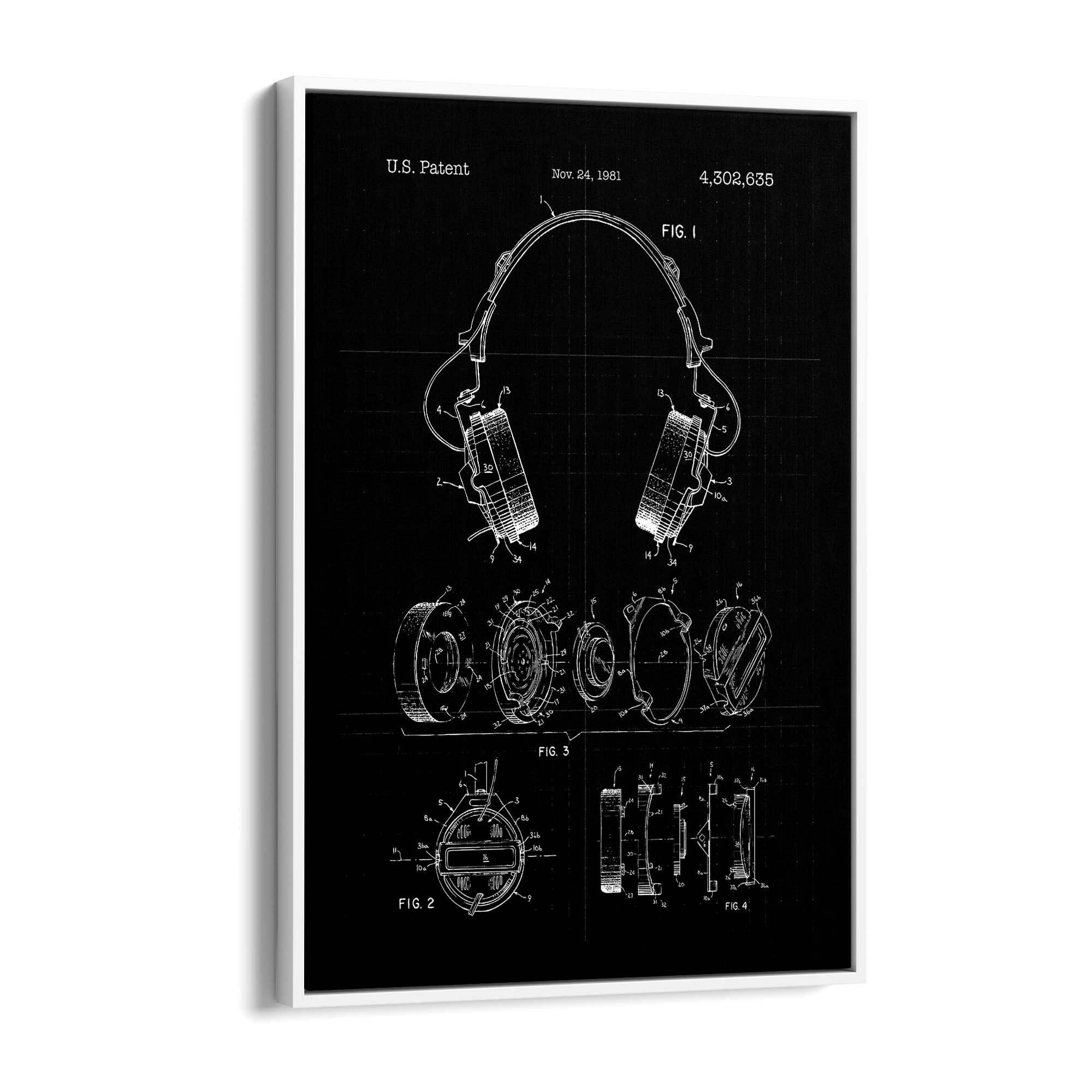 Vintage Music Headphones Black Patent Wall Art #1 - The Affordable Art Company