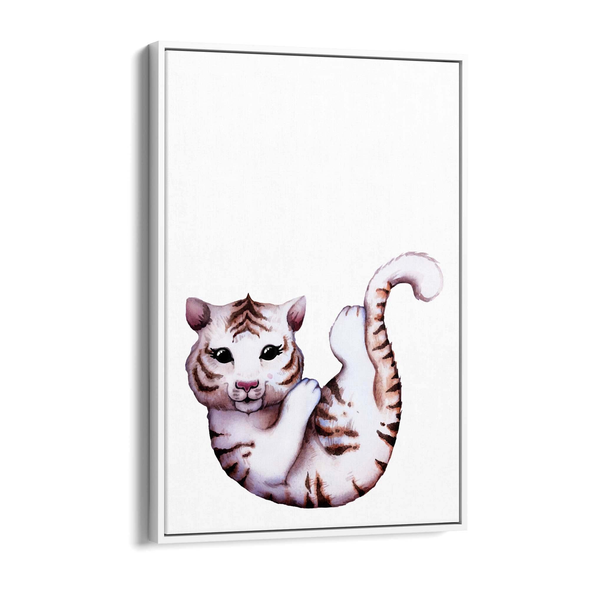 Cartoon White Tiger Cute Nursery Baby Animal Art - The Affordable Art Company