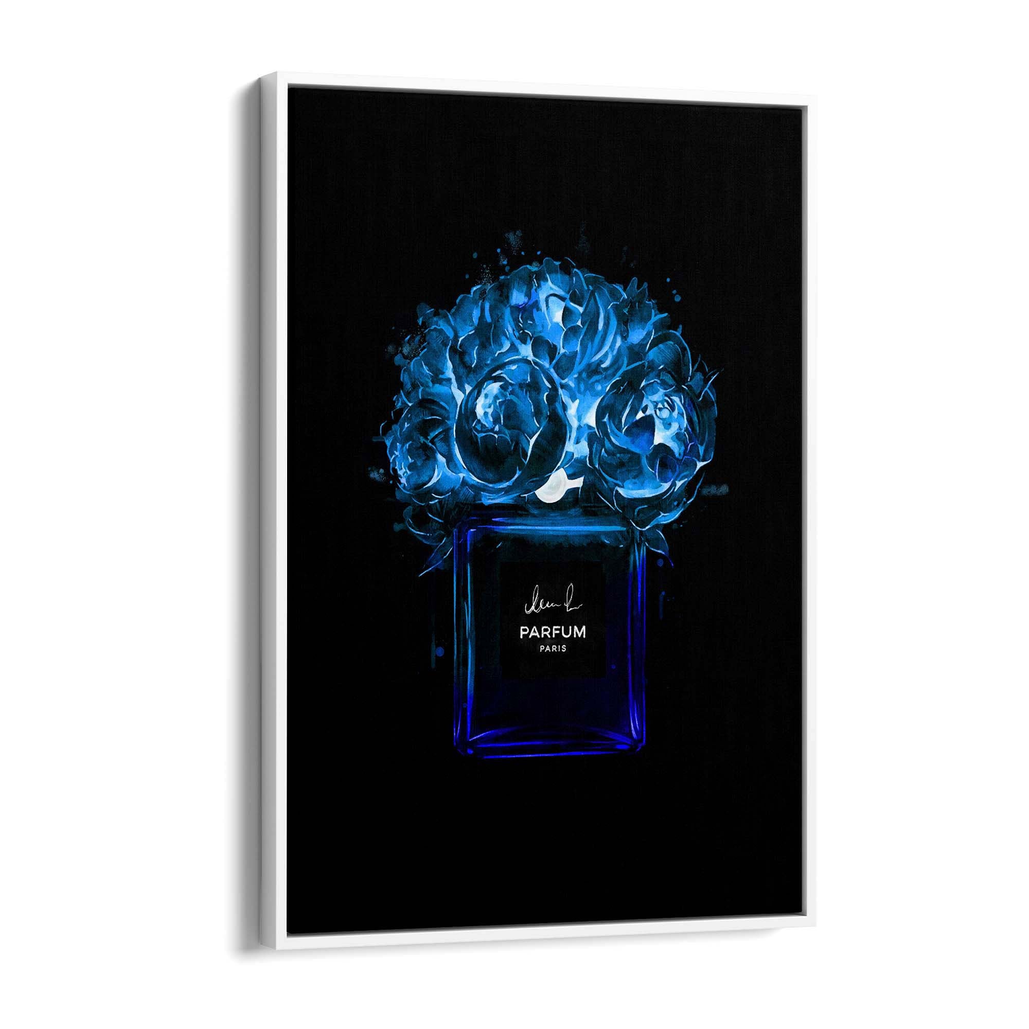 Neon Blue Floral Perfume Bottle Fashion Wall Art - The Affordable Art Company